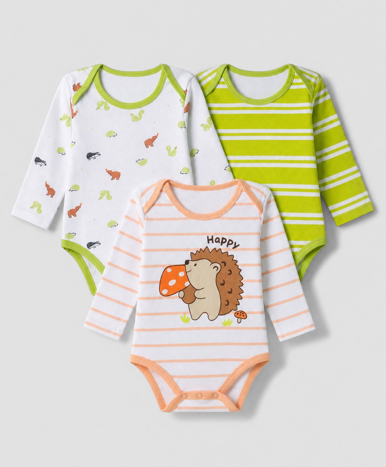 Babyhug 100% Cotton Interlock Knit Full Sleeves Striped Onesies With Animal Print Pack of 3 - White, Light Green & Orange-image-34