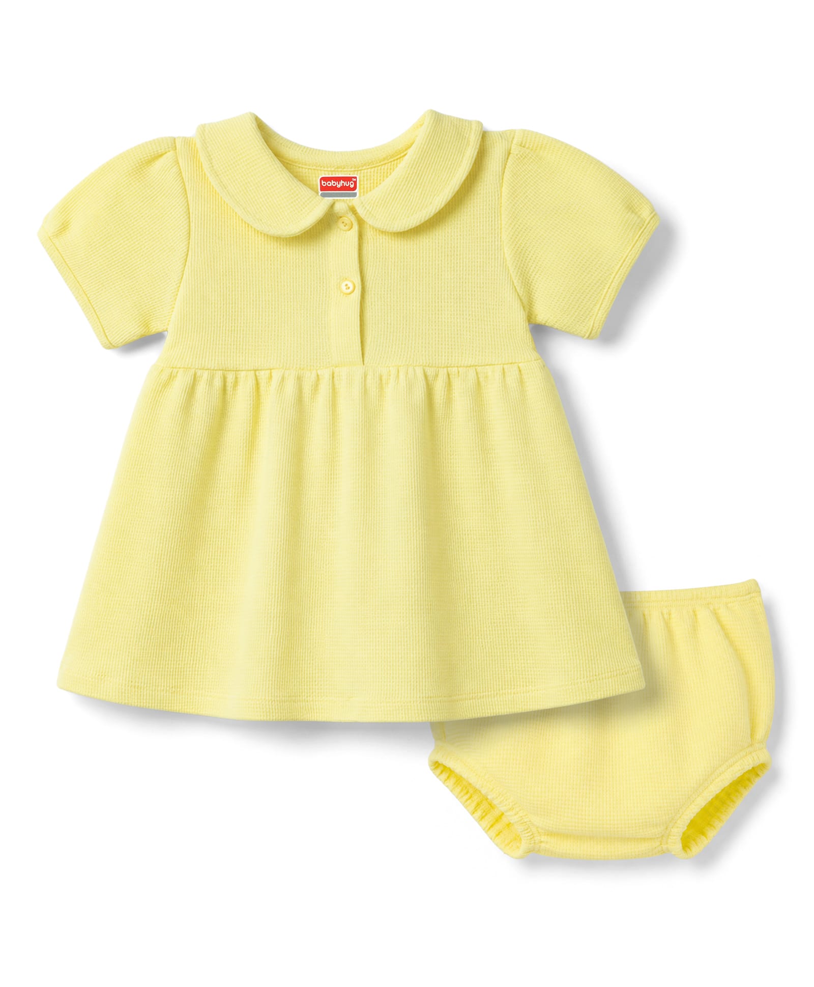 Babyhug Waffle Knit Half Sleeves Solid Frock With Bloomer - Yellow-image-44
