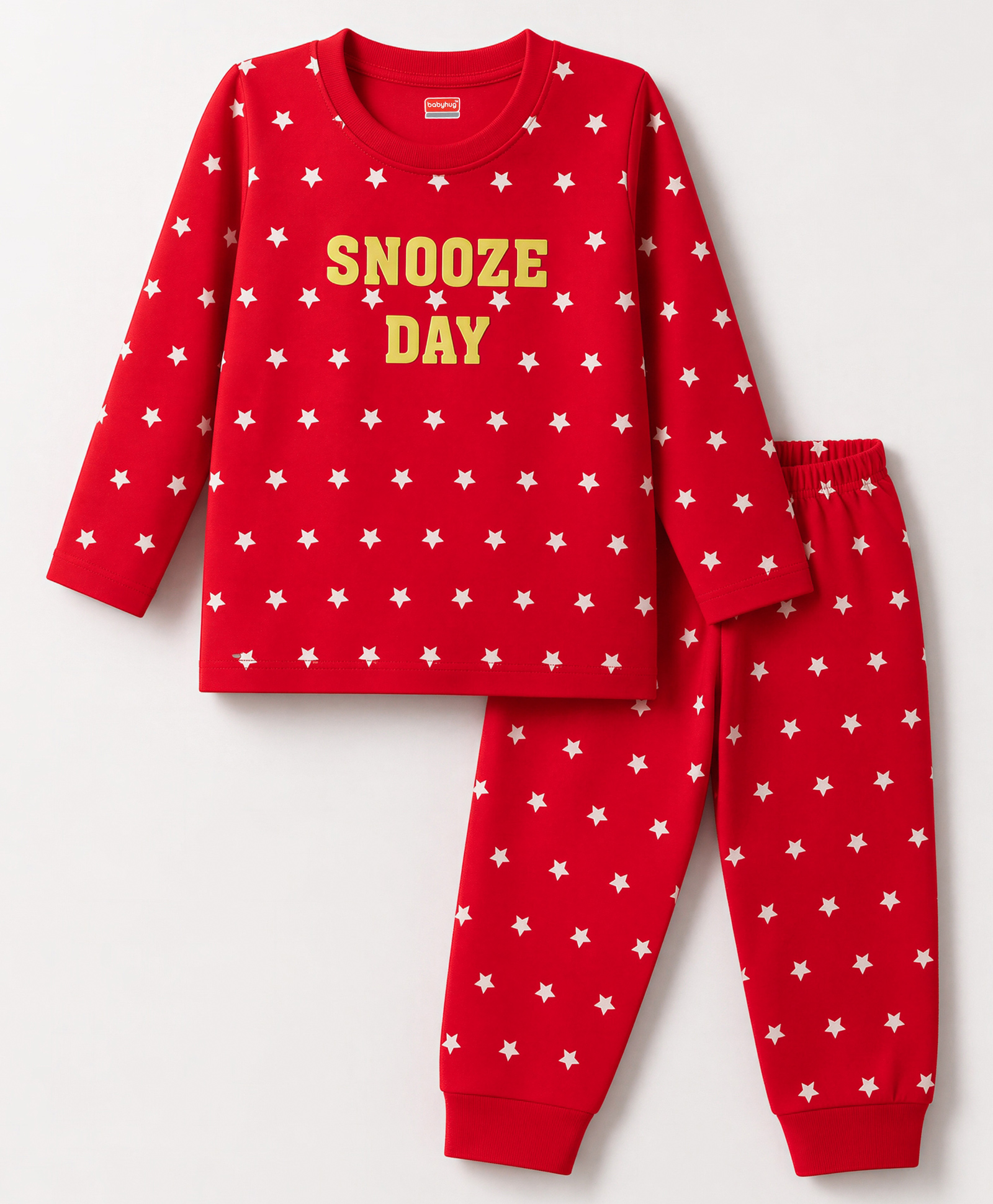 Babyhug Cotton Knit Full Sleeves Star & Text Printed Co-Ords T-Shirt & Pyjama Night Suit - Red-image-33