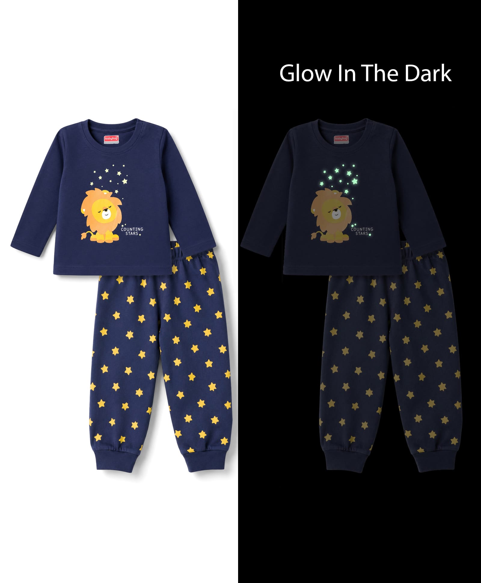 Babyhug Cotton Knit Full Sleeves Lion Printed T-Shirt & Pyjama Night Suit with Glow In Dark Effect - Navy-image-43
