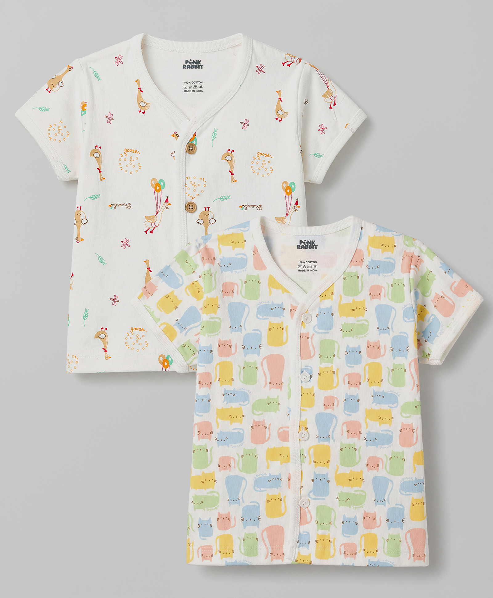 Pink Rabbit Single Jersey Knit Half Sleeves Jhablas with Kitty & Birds Print Pack of 2- White-picture-21