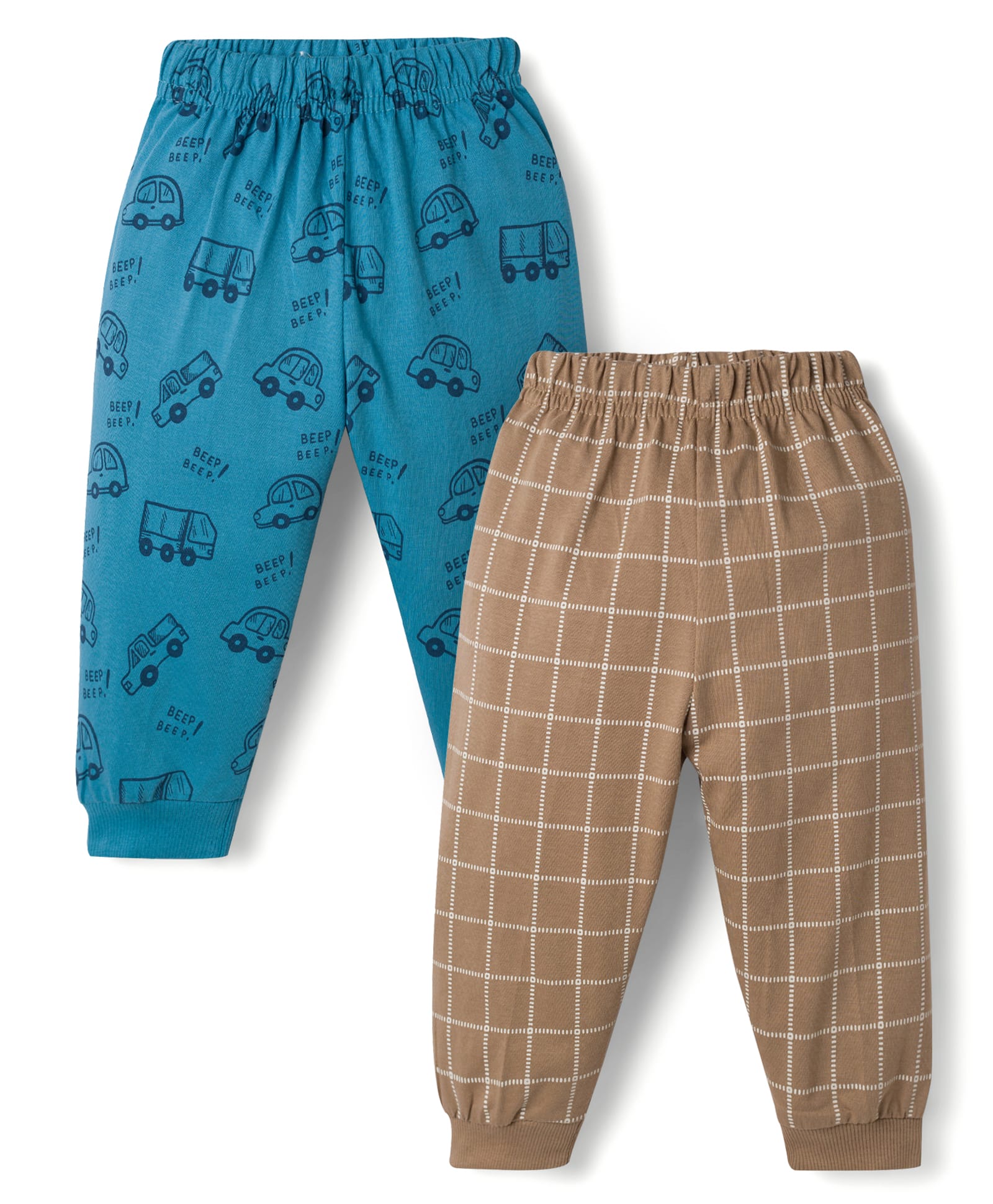 Pink Rabbit Interlock Knit Vehicles & Checks Printed Lounge Pants Pack Of 2 - Blue & Beige-image-41