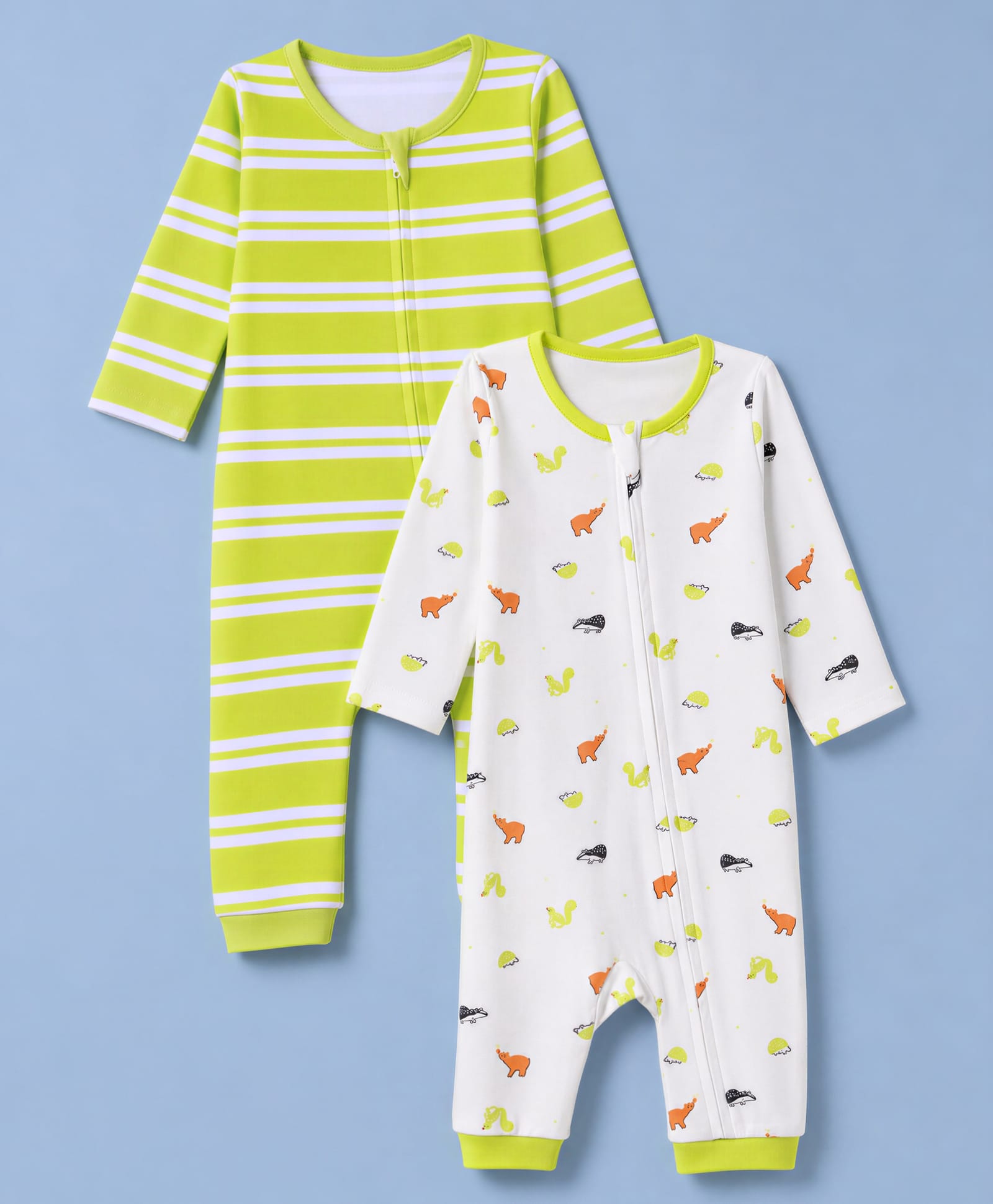 Babyhug 100% Cotton Interlock Knit Full Sleeves Striped Romper with Dino Print Pack Of 2 - Neon Green & White-image-16
