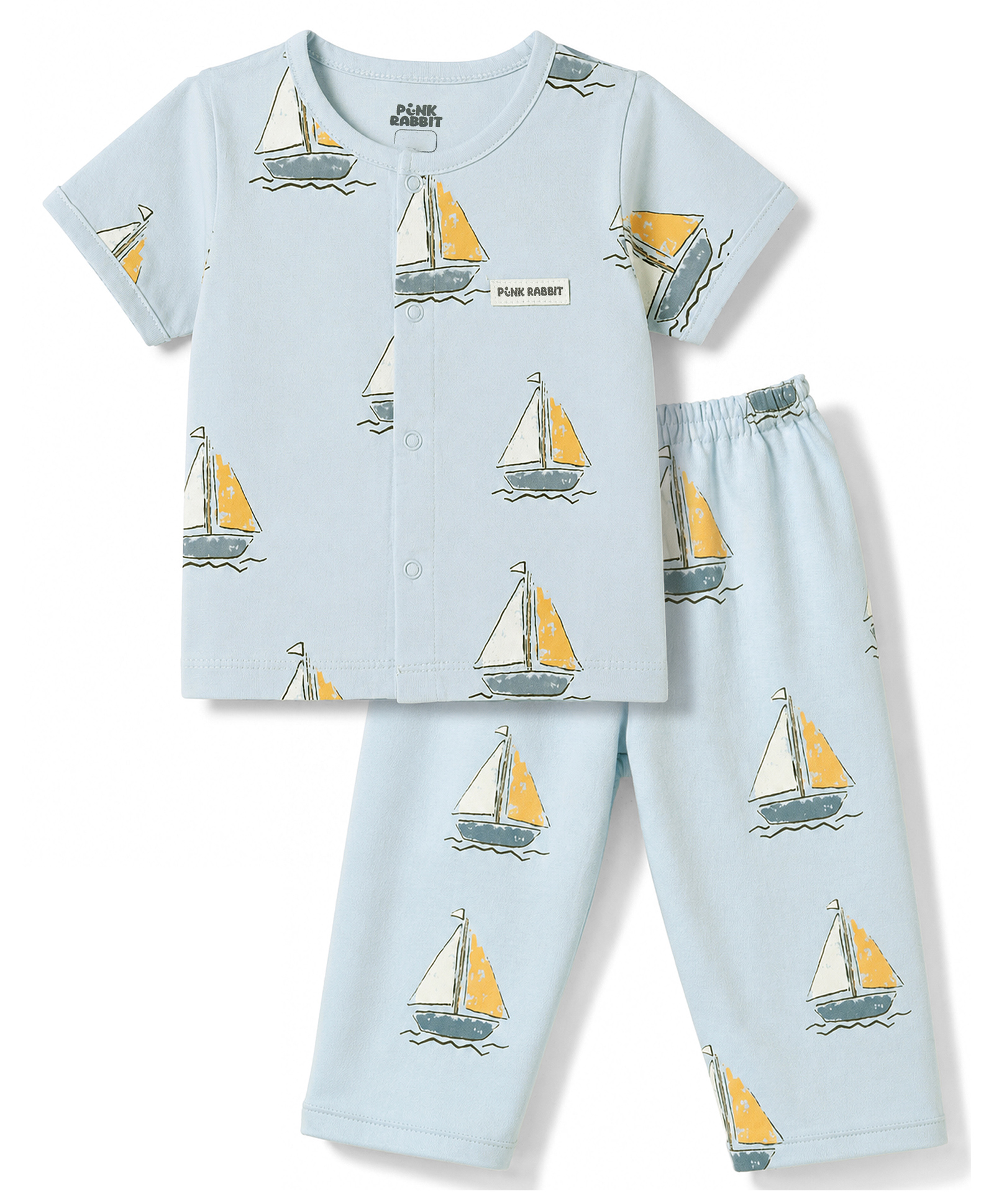 Pink Rabbit Sinker Knit Half Sleeves Nautical Theme Printed Co-Ords T-Shirt & Pyjama Night Suit - Light Blue-picture-26