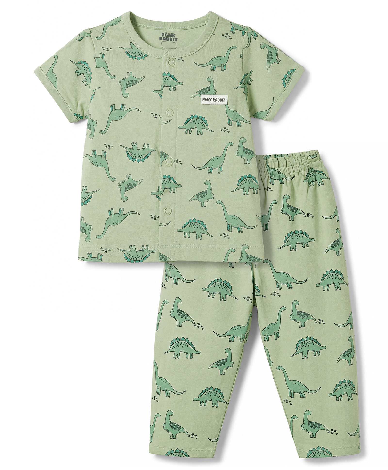 Pink Rabbit Sinker Knit Half Sleeves Dino Printed Co-Ords T-Shirt & Pyjama Night Suit - Green-image-1
