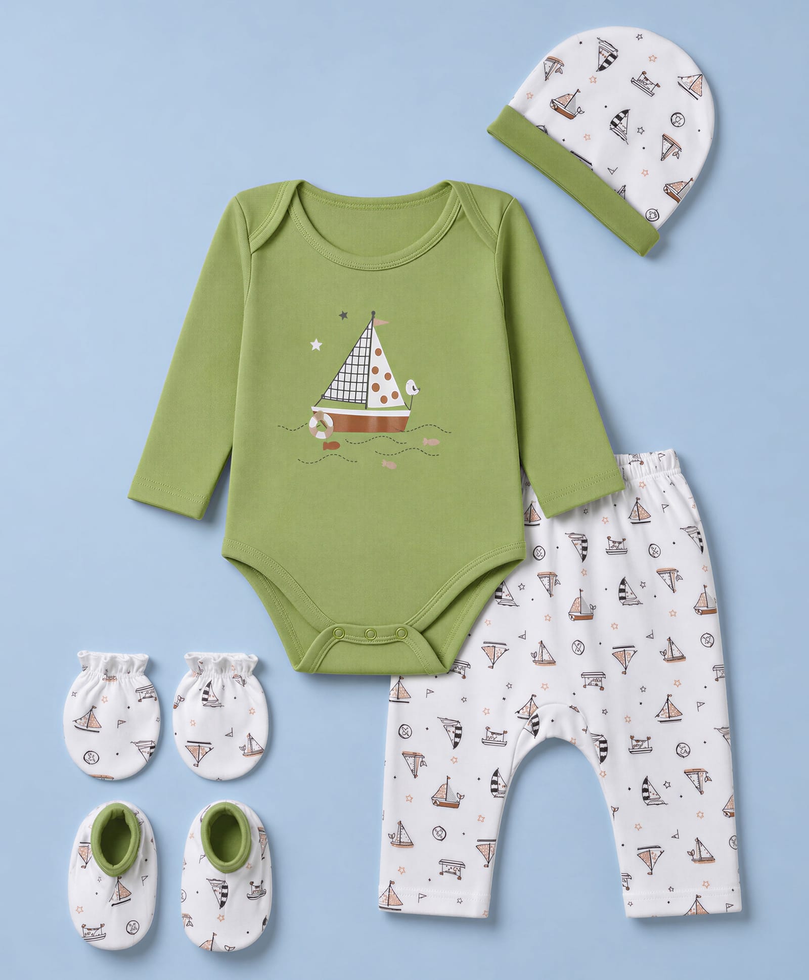 Babyhug 100% Cotton Knit Full Sleeves Nautical Theme Printed Onesie With Leggings & Cap Mittens & Booties Set - Green-image-22