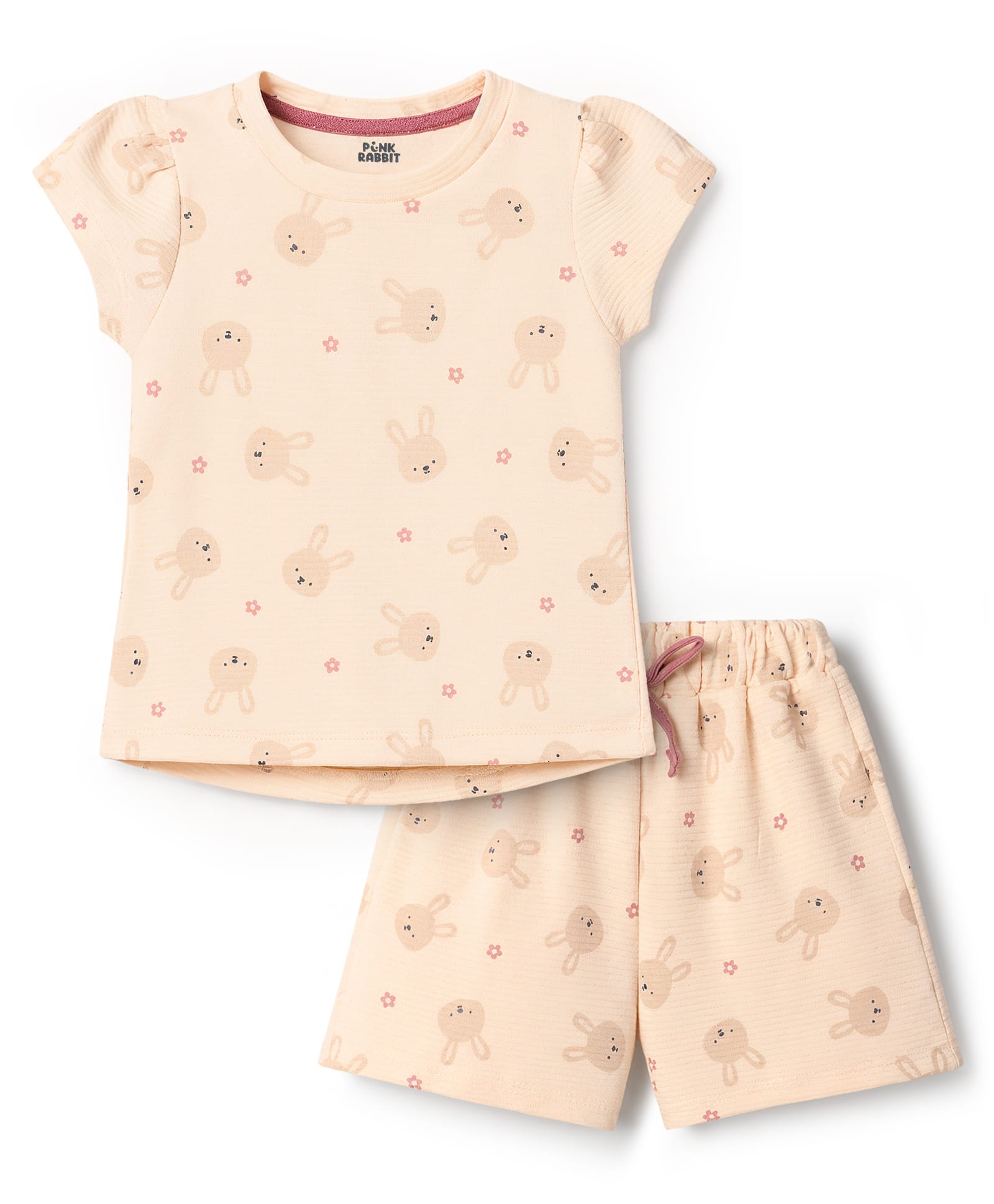 Pink Rabbit Interlock Knit Half Sleeves Bunny & Floral Printed Co-Ords T-Shirt & Shorts Set - Beige-image-28