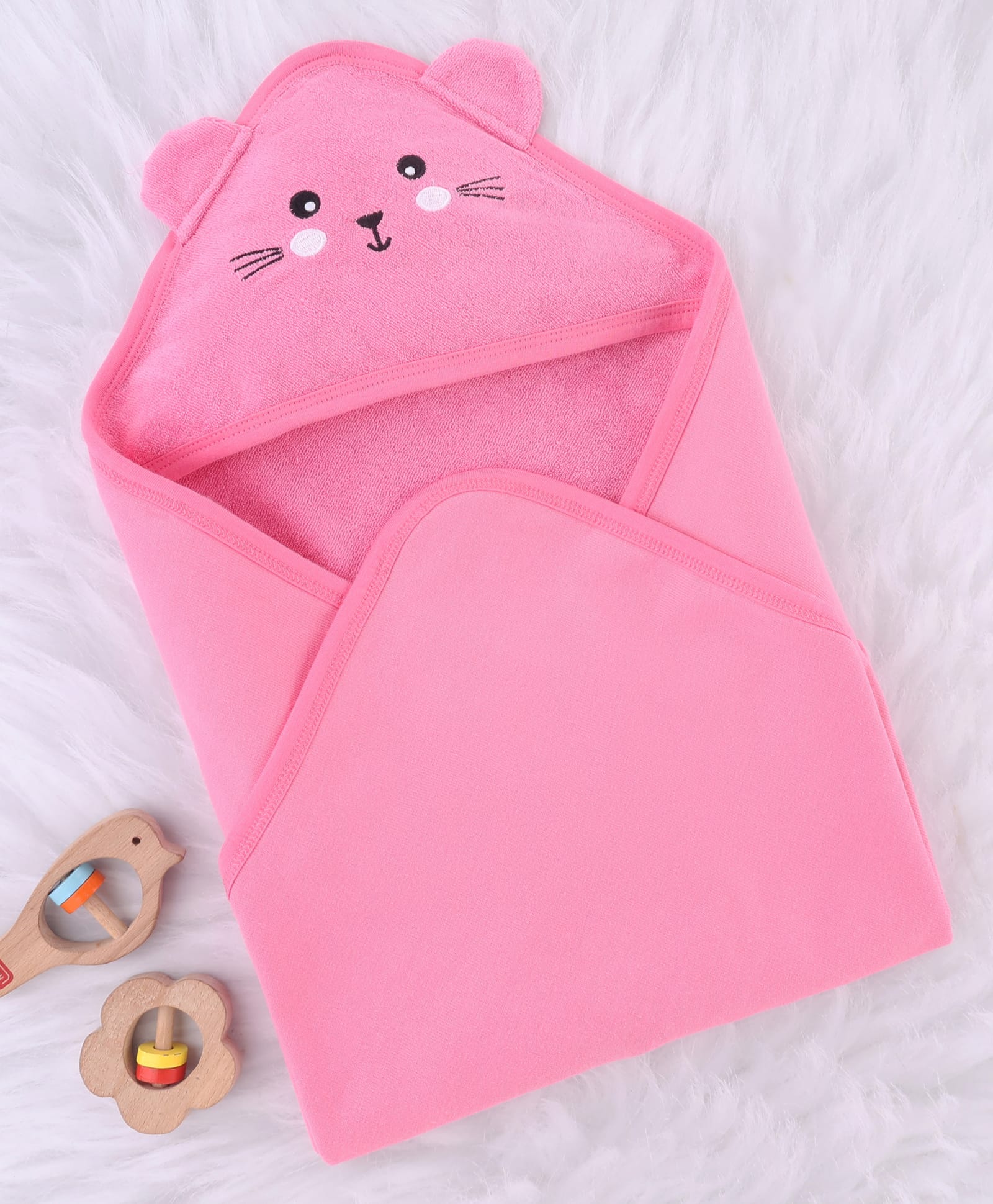 Babyhug Cotton Terry Knit Hooded Towel With Animal Embroidery L 76 x B 76 cm - Pink-picture-30