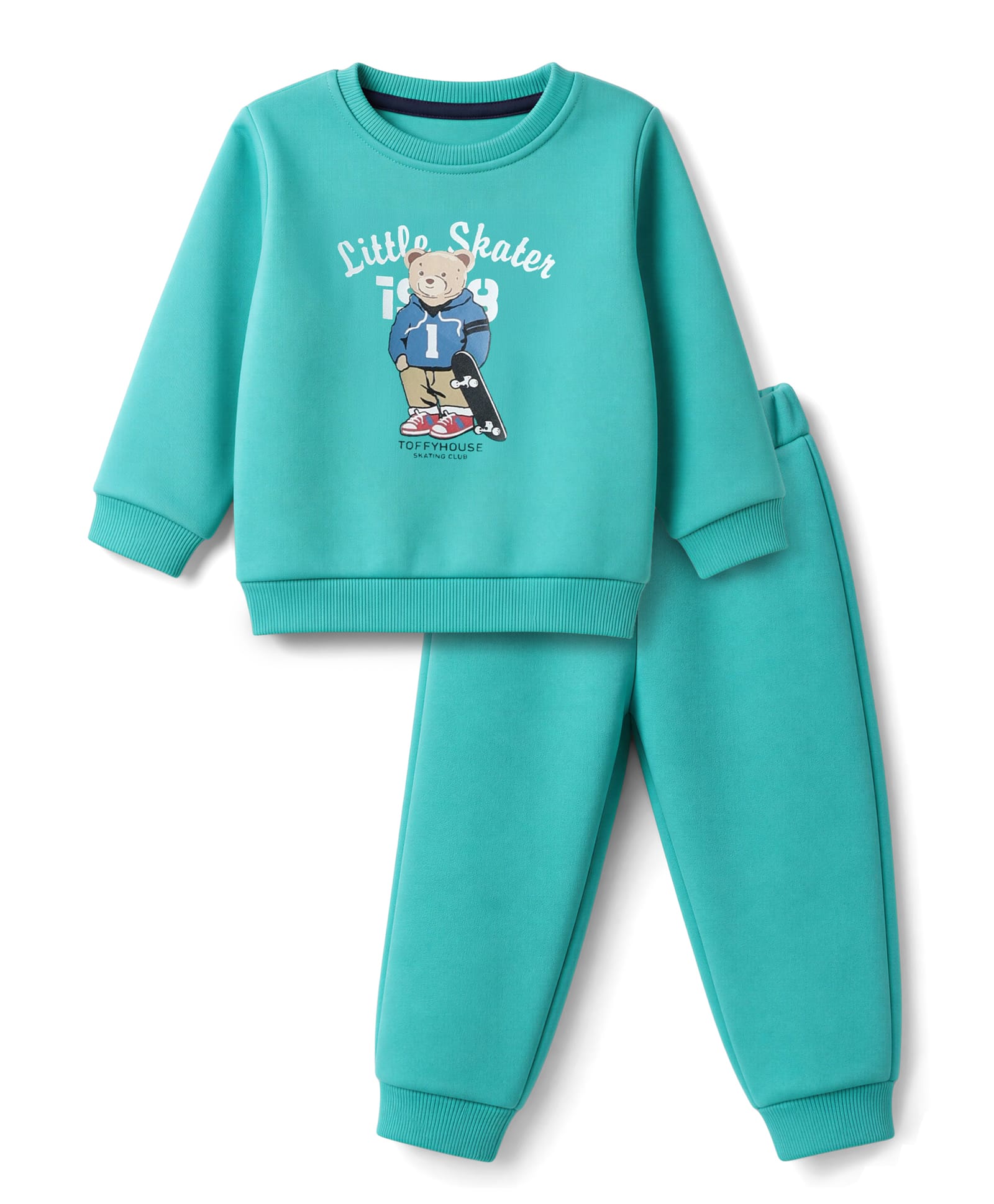 ToffyHouse Fleece Knit Full Sleeves Winter Wear Suits With Teddy Bear & Text Print - Mint-picture-32