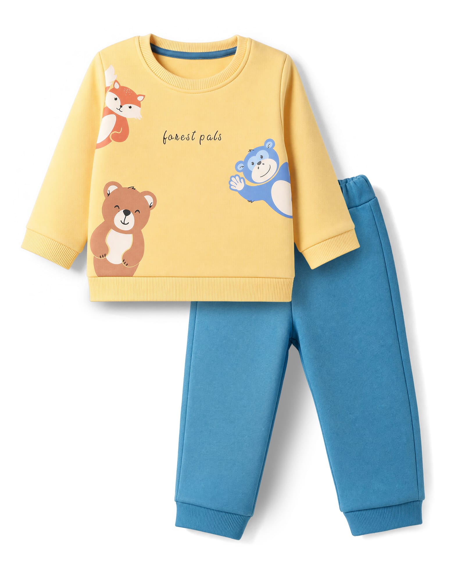 ToffyHouse Fleece Knit Full Sleeves Winter Wear Suits With Teddy Bear & Text Print - Golden-image-49