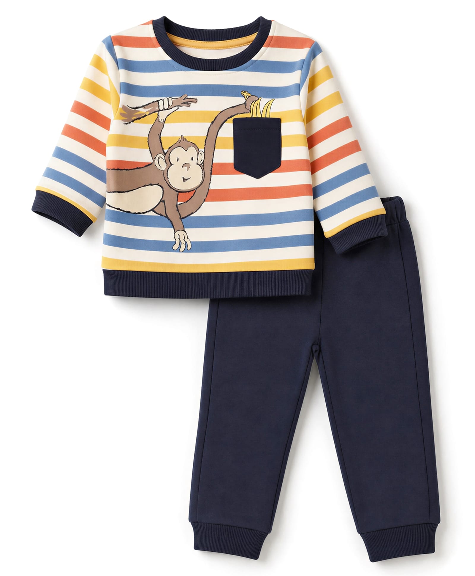 ToffyHouse Fleece Knit Full Sleeves Striped Winter Wear Suits With Monkey Print - Navy Blue-picture-24