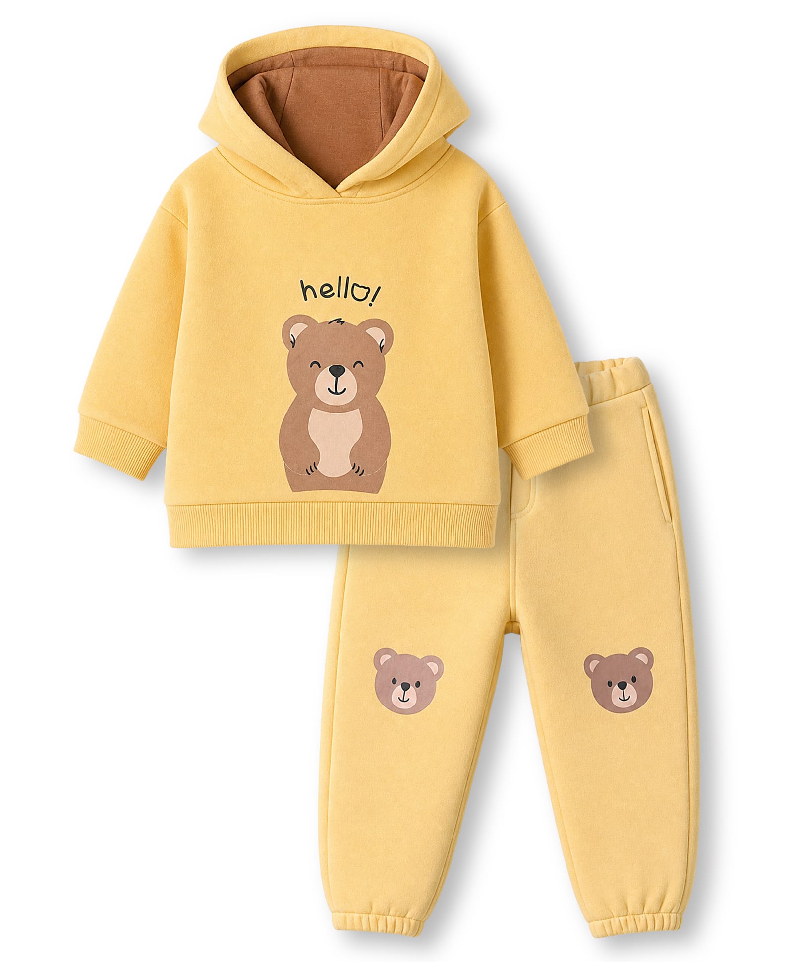 ToffyHouse Fleece Knit Full Sleeves Hooded Winter Wear Suits With Bear Print - Mustard-picture-24