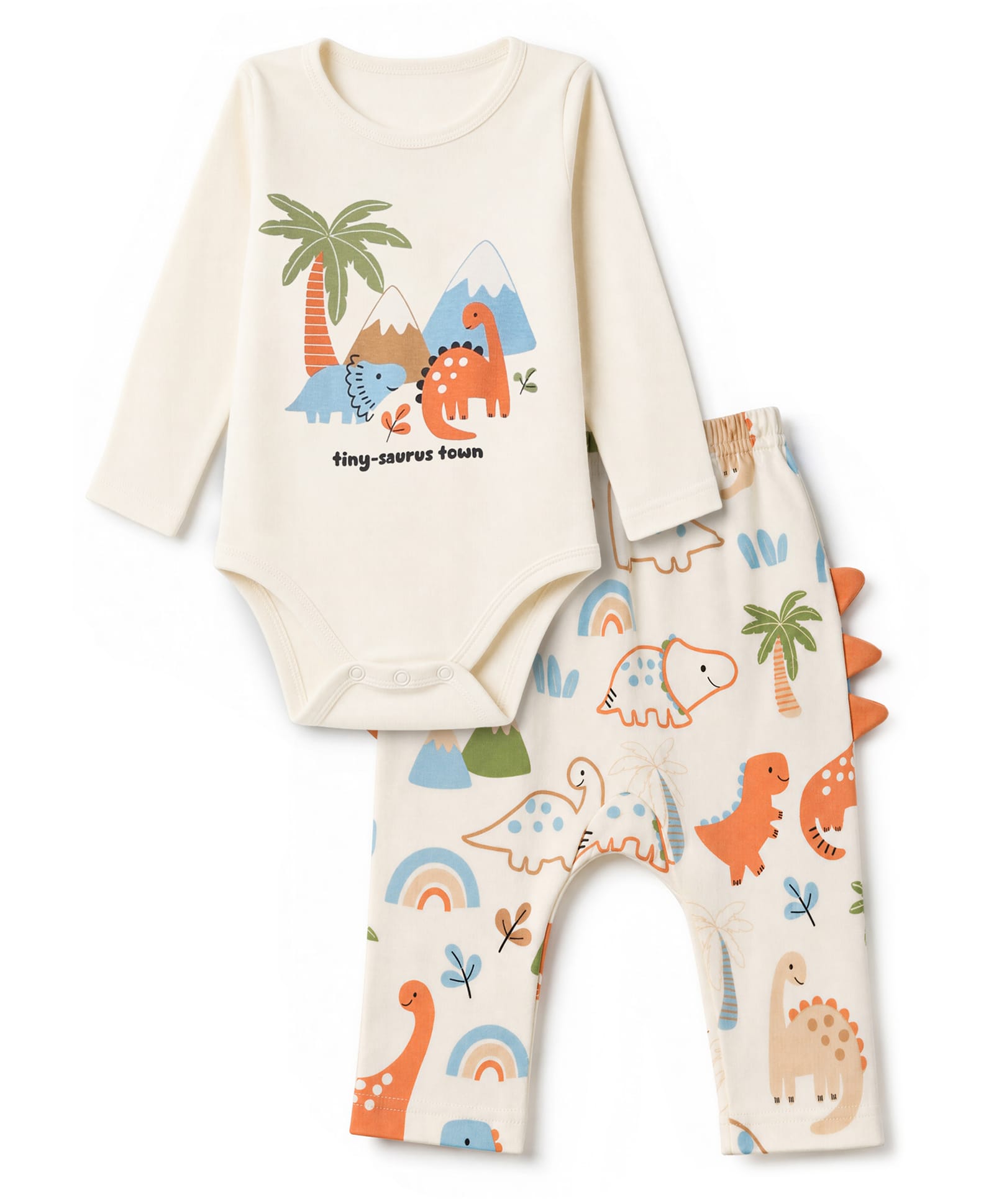 Babyhug 100% Cotton Interlock Knit Dino Printed Onesie With Leggings - Offwhite-image-1