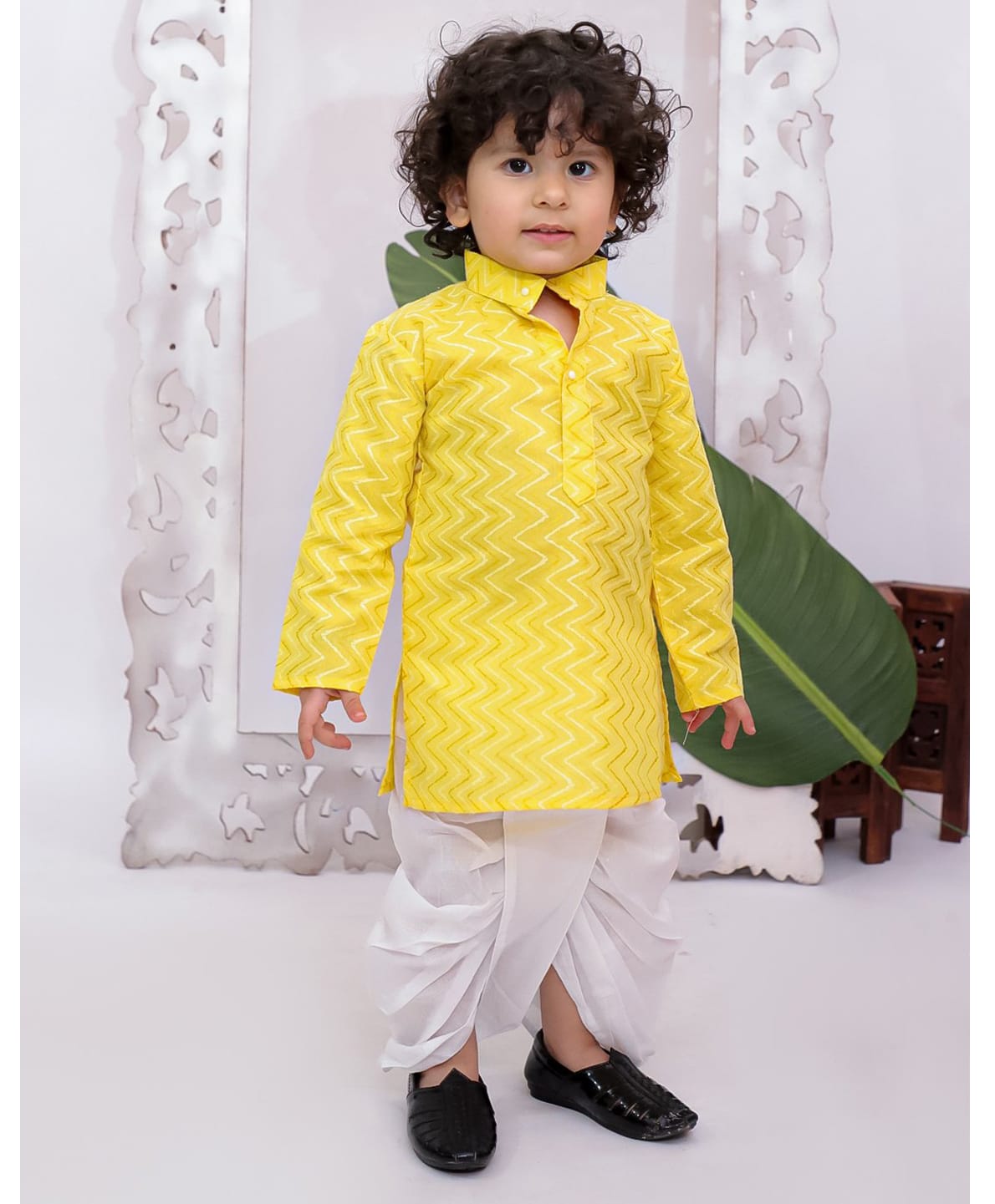KID1 Cotton Woven Full Sleeves Chevron Embroidered Kurta & Dhoti Set - Yellow-picture-15