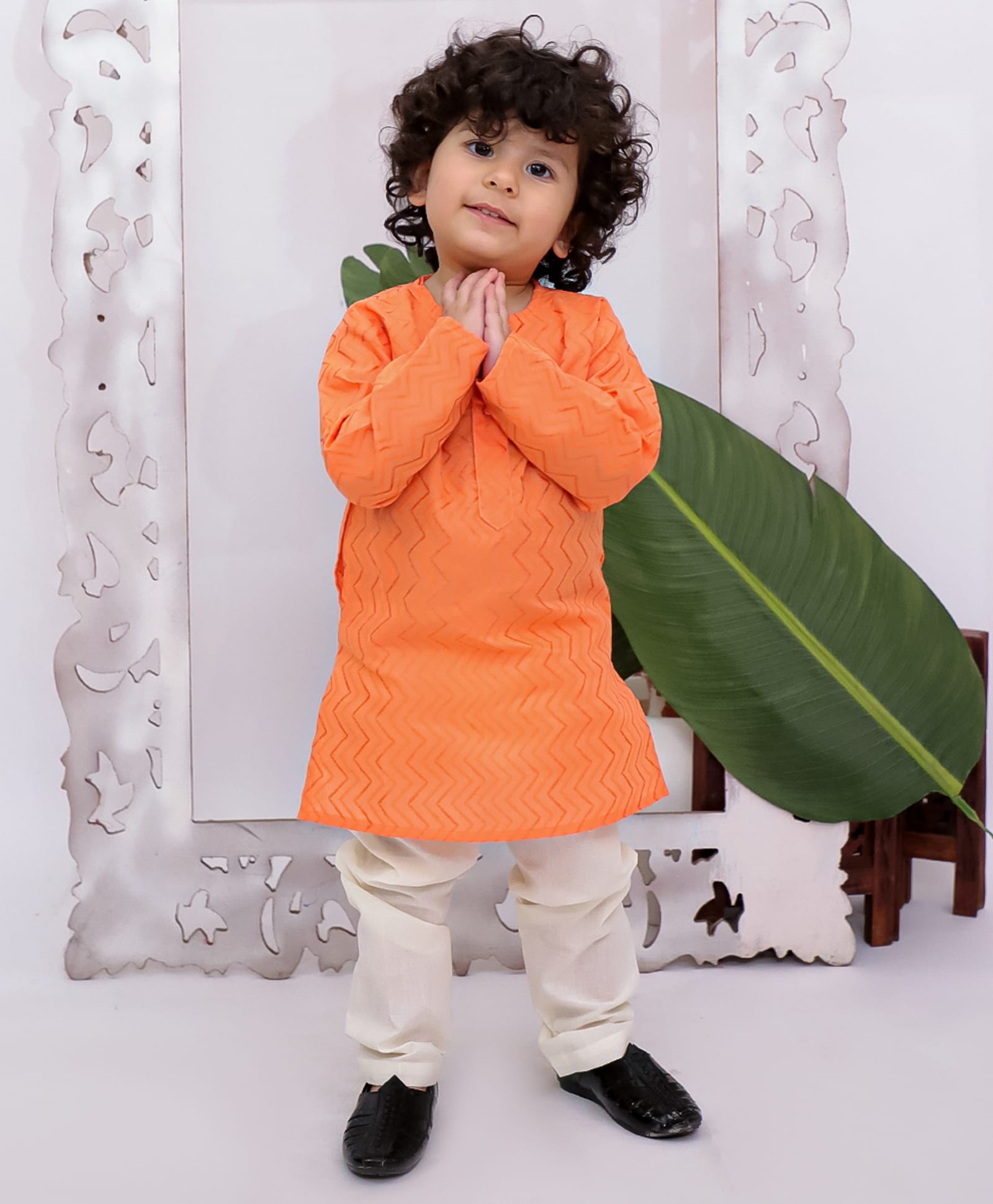 KID1 Cotton Woven Full Sleeves Chevron Embroidered Kurta & Pyjama Set - Orange-image-46