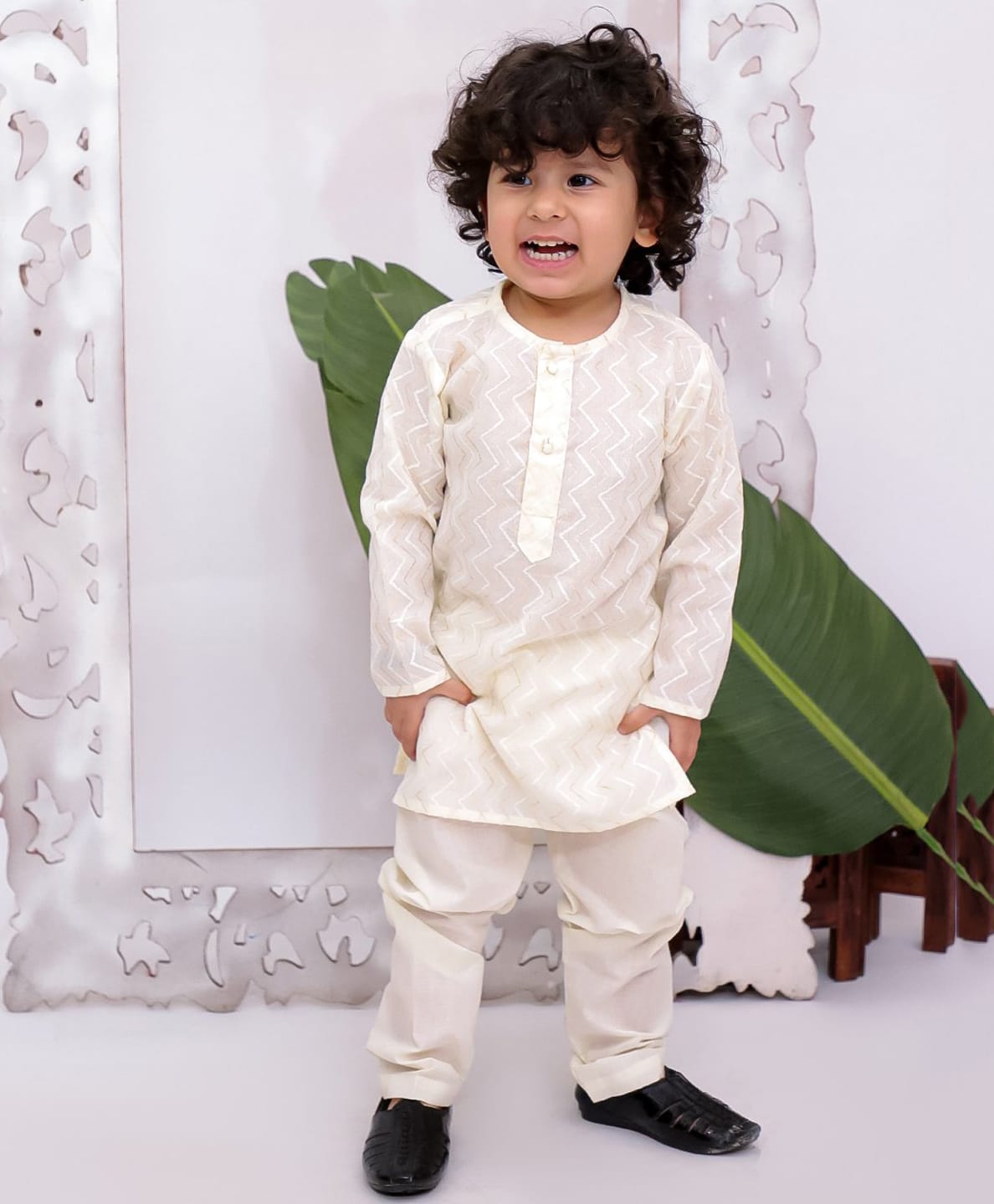 KID1 Cotton Woven Full Sleeves Chevron Embroidered Kurta & Pyjama Set - Off White-picture-29