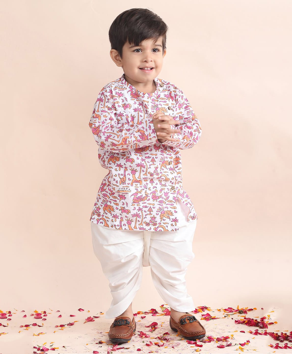 Polka Tots Cotton Woven Full Sleeves Animal & Trees Printed Angrakha Kurta & Dhoti Set - White-picture-37