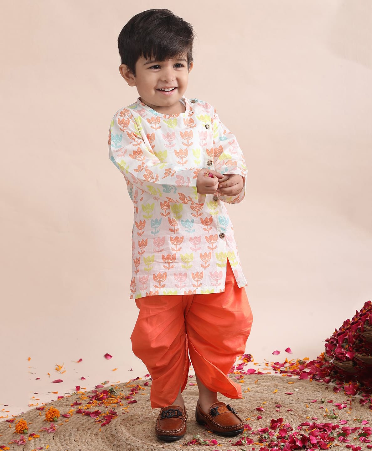 Polka Tots Cotton Woven Full Sleeves Floral Printed Angrakha Kurta & Dhoti Set - White & Orange-picture-42