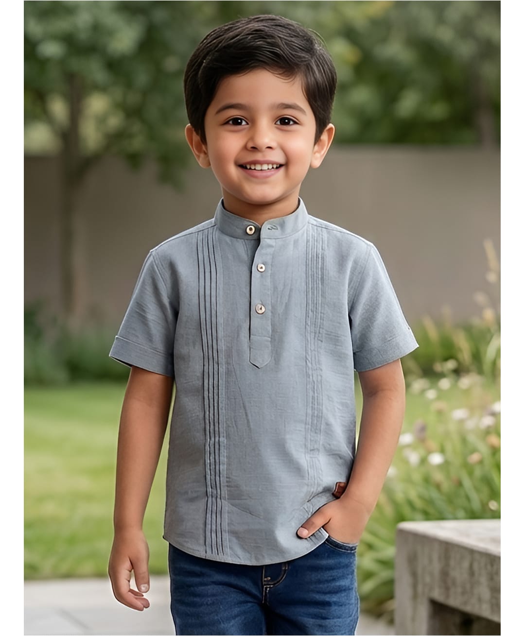 Polka Tots Cotton Woven Half Sleeves Solid Pintuck Detailed Kurta Style Shirt - Grey-image-8