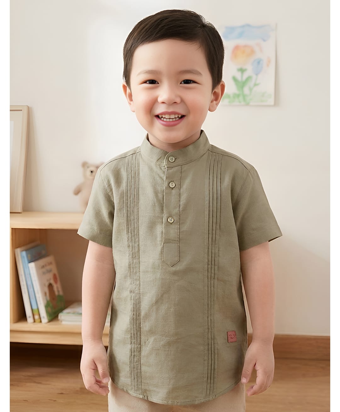 Polka Tots Cotton Woven Half Sleeves Solid Pintuck Detailed Kurta Style Shirt - Light Brown-picture-24
