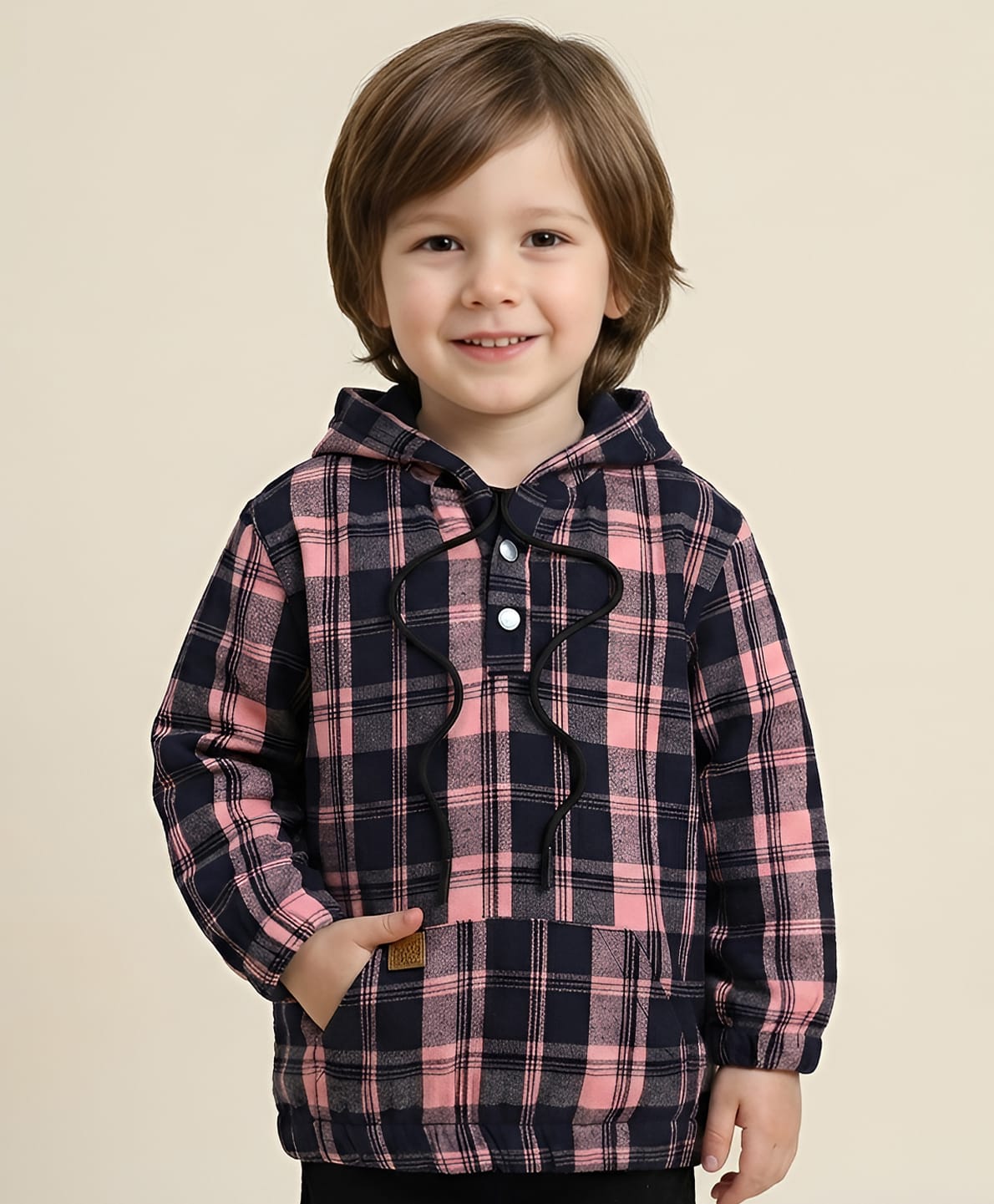 Polka Tots Cotton Woven Full Sleeves Checked Hooded Shirt - Peach-picture-11