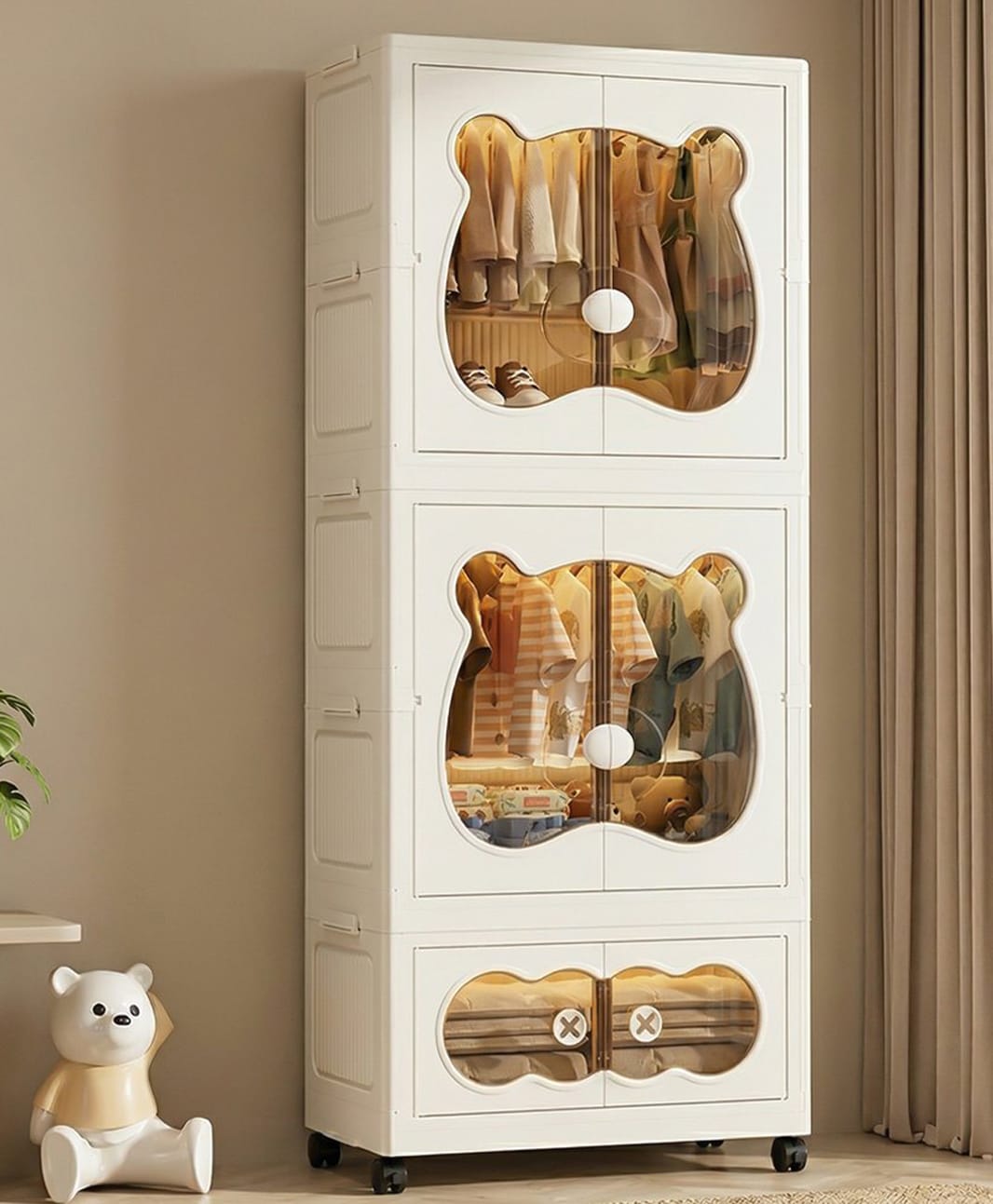 StarAndDaisy kids Bear Wardrobe Multifunctional Collapsible Plastic Almirah with Wheels and Hangers Storage Cabinet Dustproof Organizer for Baby Clothes Toys Books Safe Durable Beige-image-23