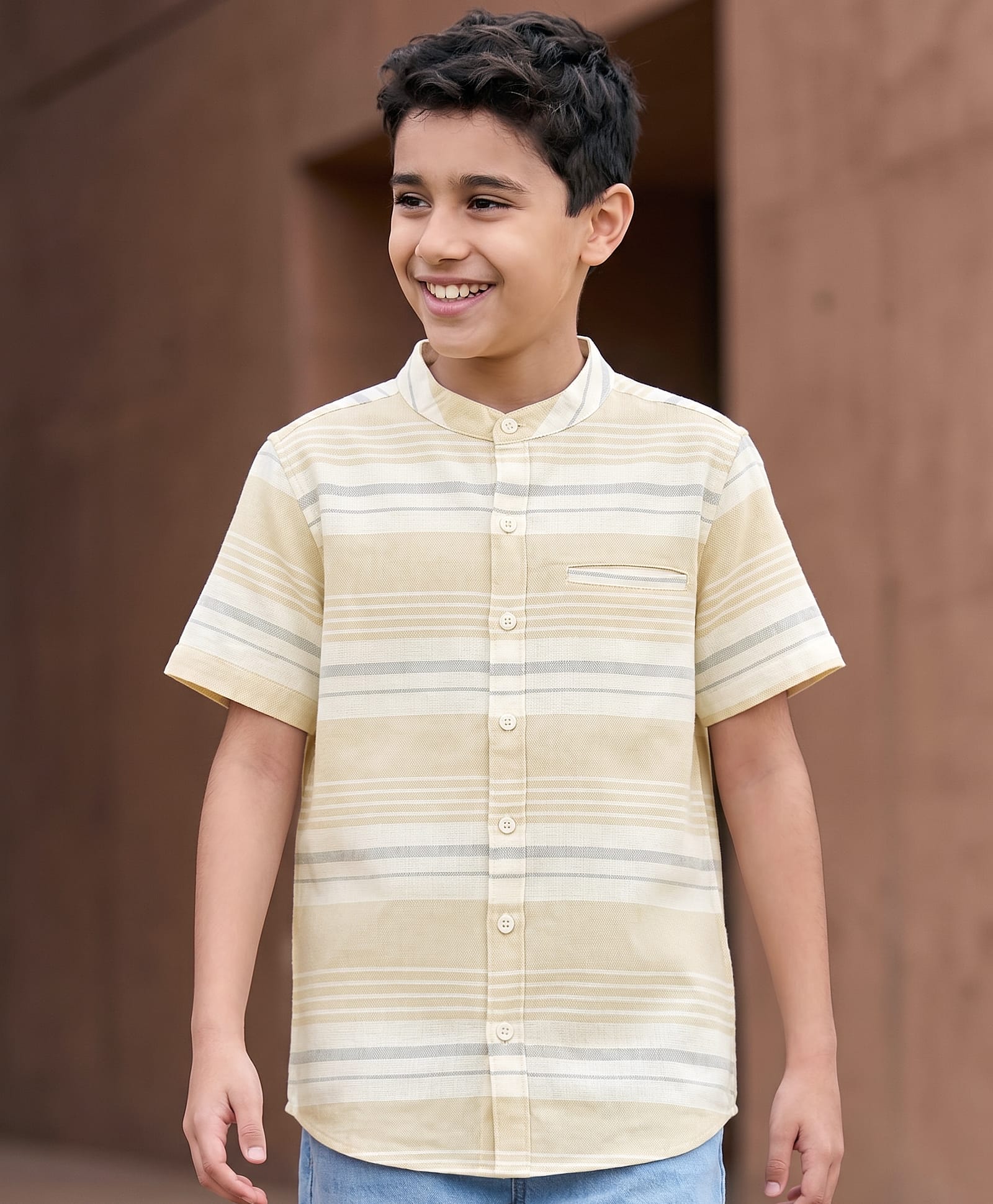 Pine Kids Cotton Woven Striped Shirt Mandarin Collar Half Sleeves Multi Color 5-6 Years-picture-30
