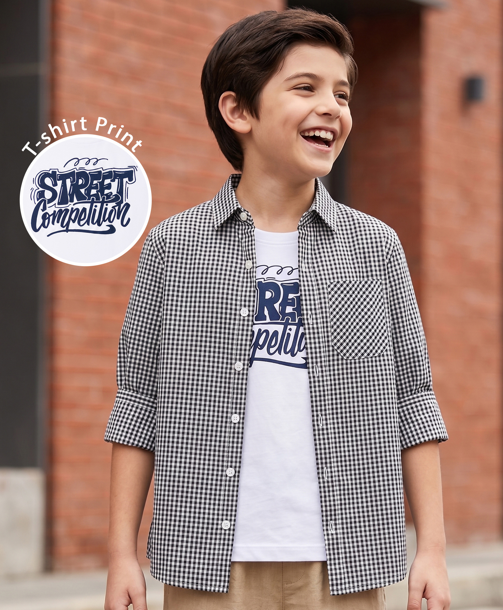 Pine Kids 100% Cotton Woven Full Sleeves Checks Shirt With Text Printed Tank T-Shirt - Black-picture-31