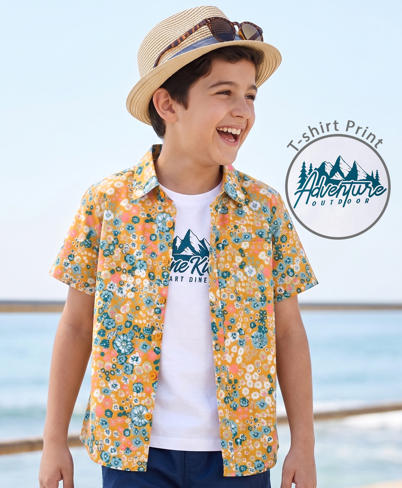 Pine Kids Cotton Woven Half Sleeves Floral Printed Shirt & T-Shirt - Multicolor-image-21