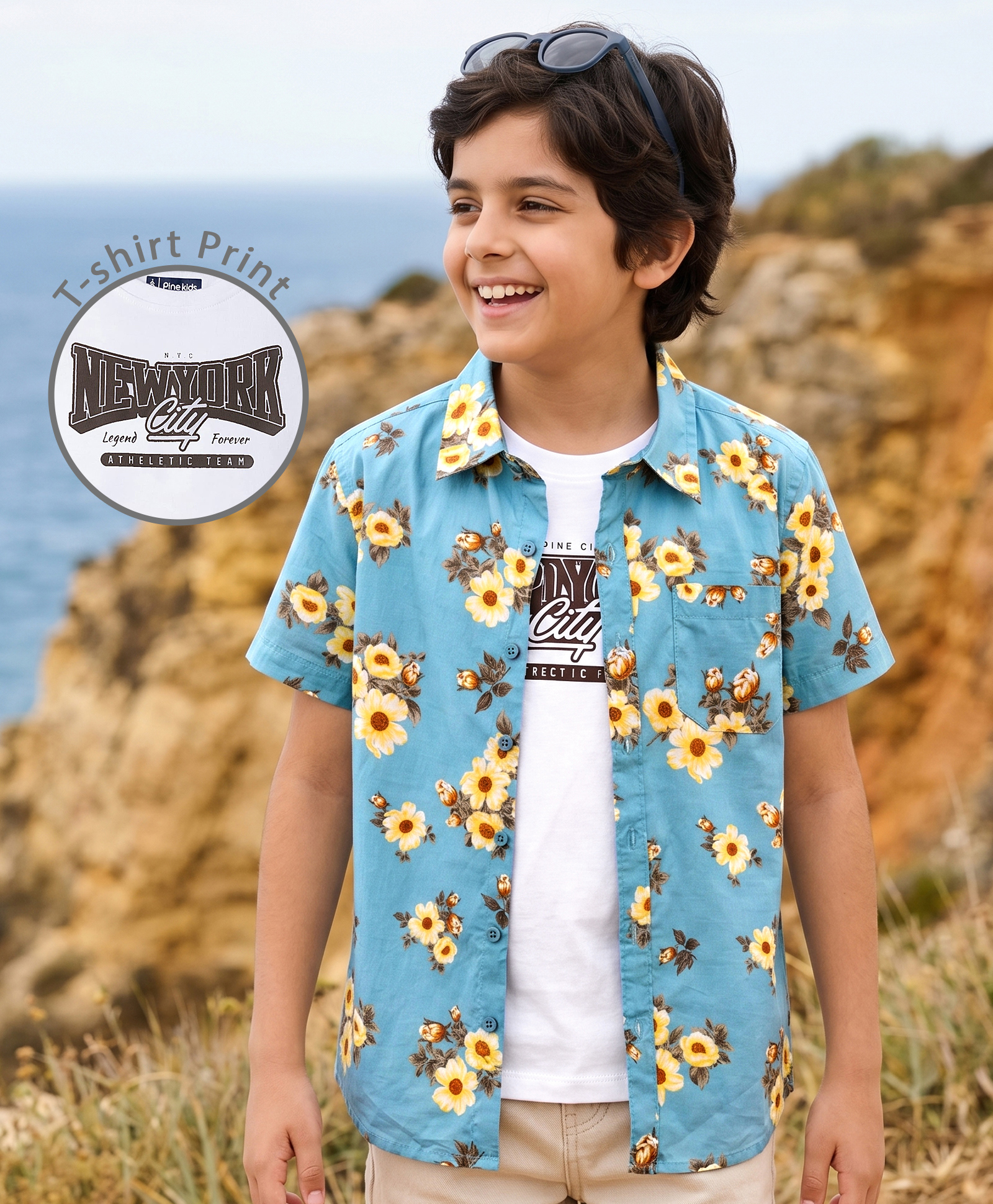 Pine Kids Cotton Woven Half Sleeves Floral Printed Shirt & T-Shirt - Multicolor-image-23