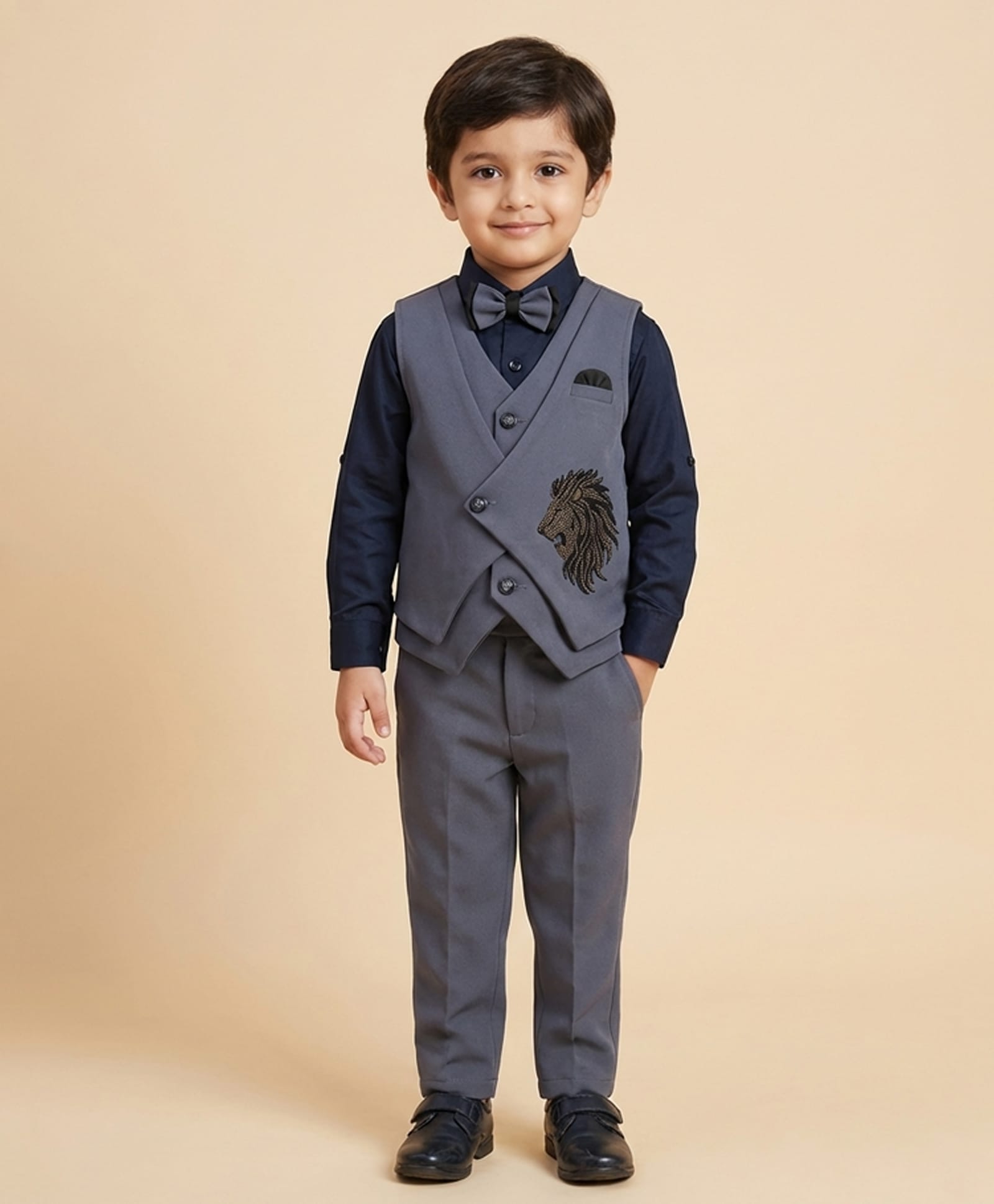 Rikidoos Cotton Woven Full Sleeve 3 Piece Party Suit WIth Bow & Lion Embroidery - Black & Dark Grey-picture-29