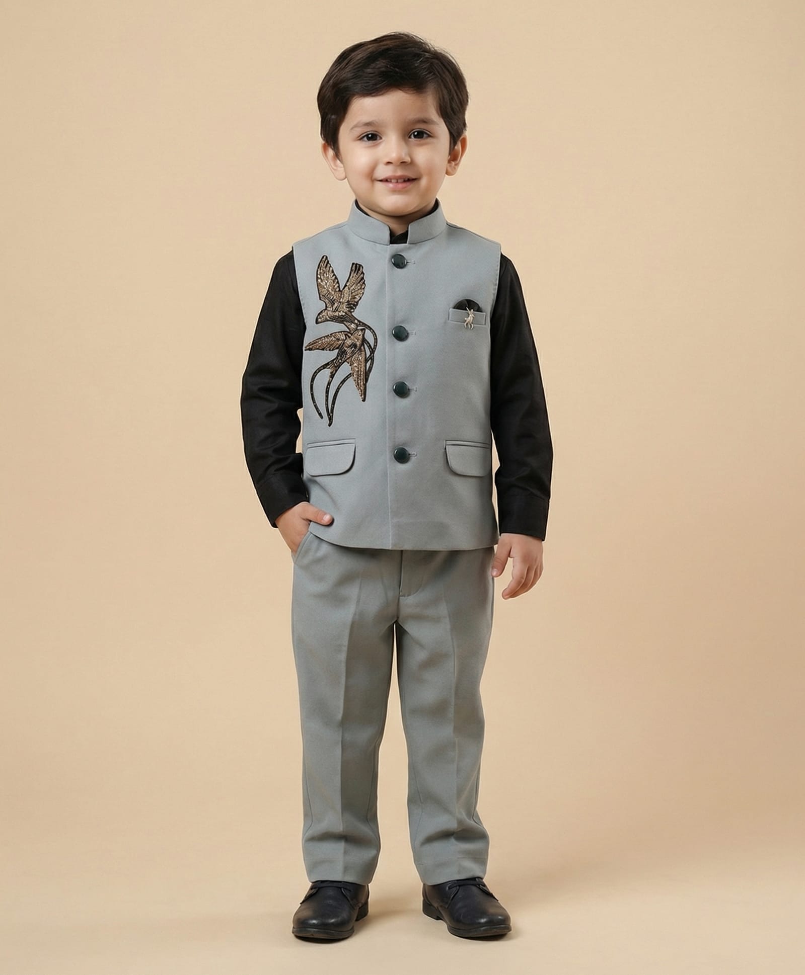 Rikidoos Cotton Woven Full Sleeve 3 Piece Party Suit With Embellished Bird & Brooch - Black & Grey-image-32