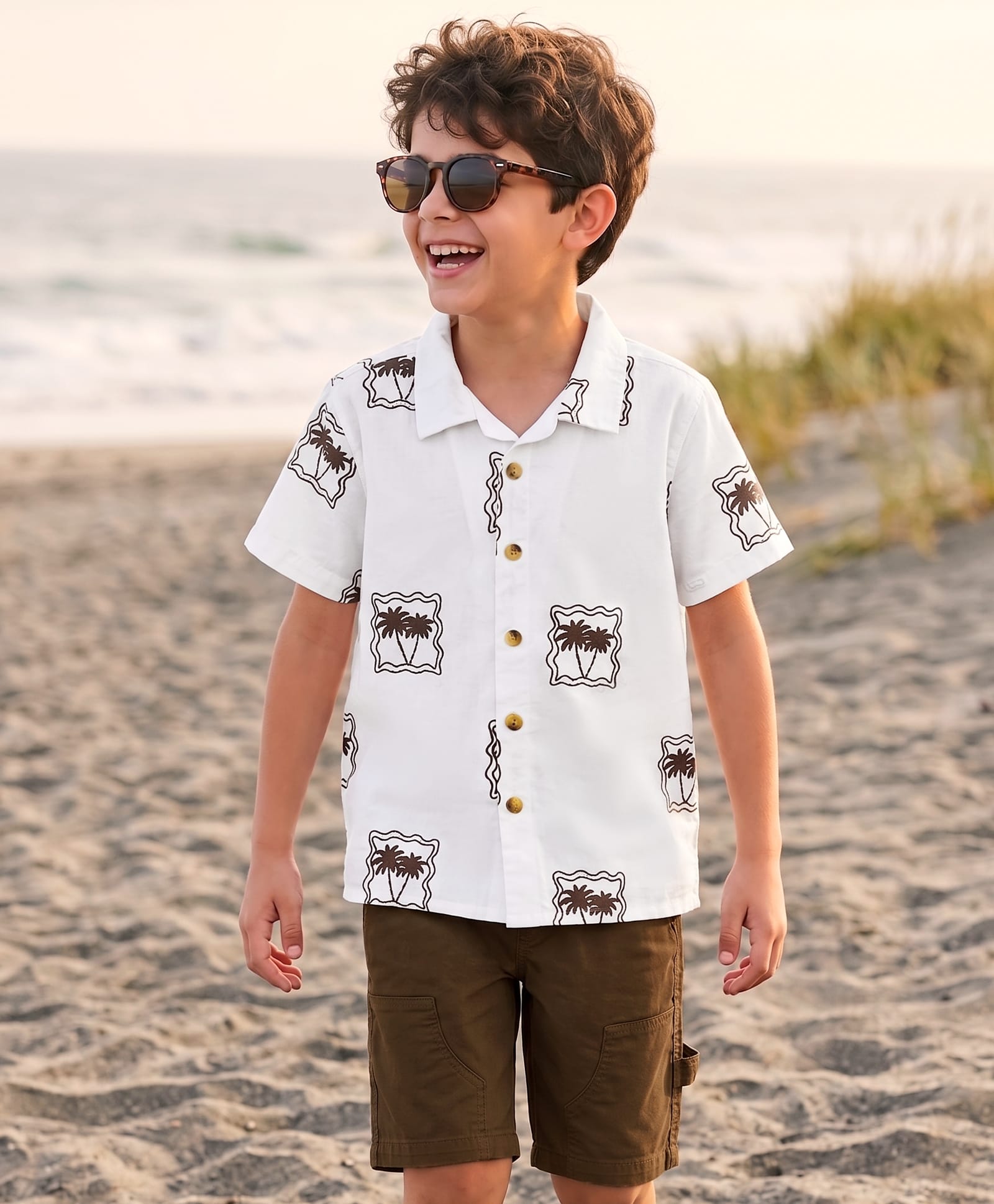 arias by lara dutta Arias Cotton Woven Half Sleeves Shirt & Cargo Shorts Set With Tree Print - White & Brown-picture-24