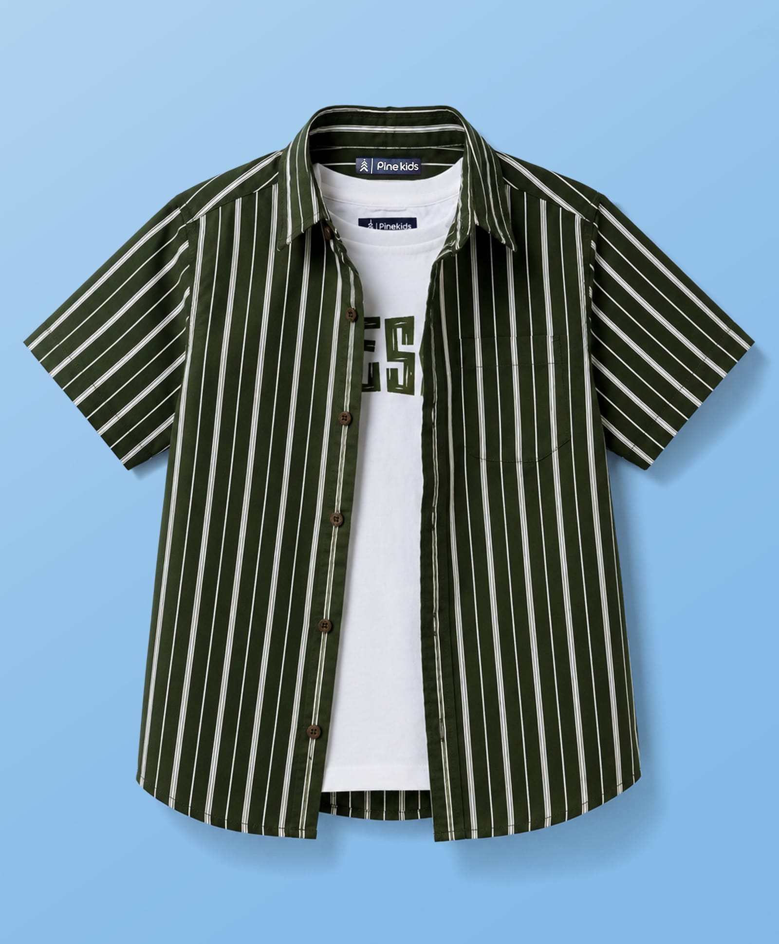 Pine Kids Cotton Woven Half Sleeves Striped Shirt With Text printed Tank T-Shirt - Green-image-31