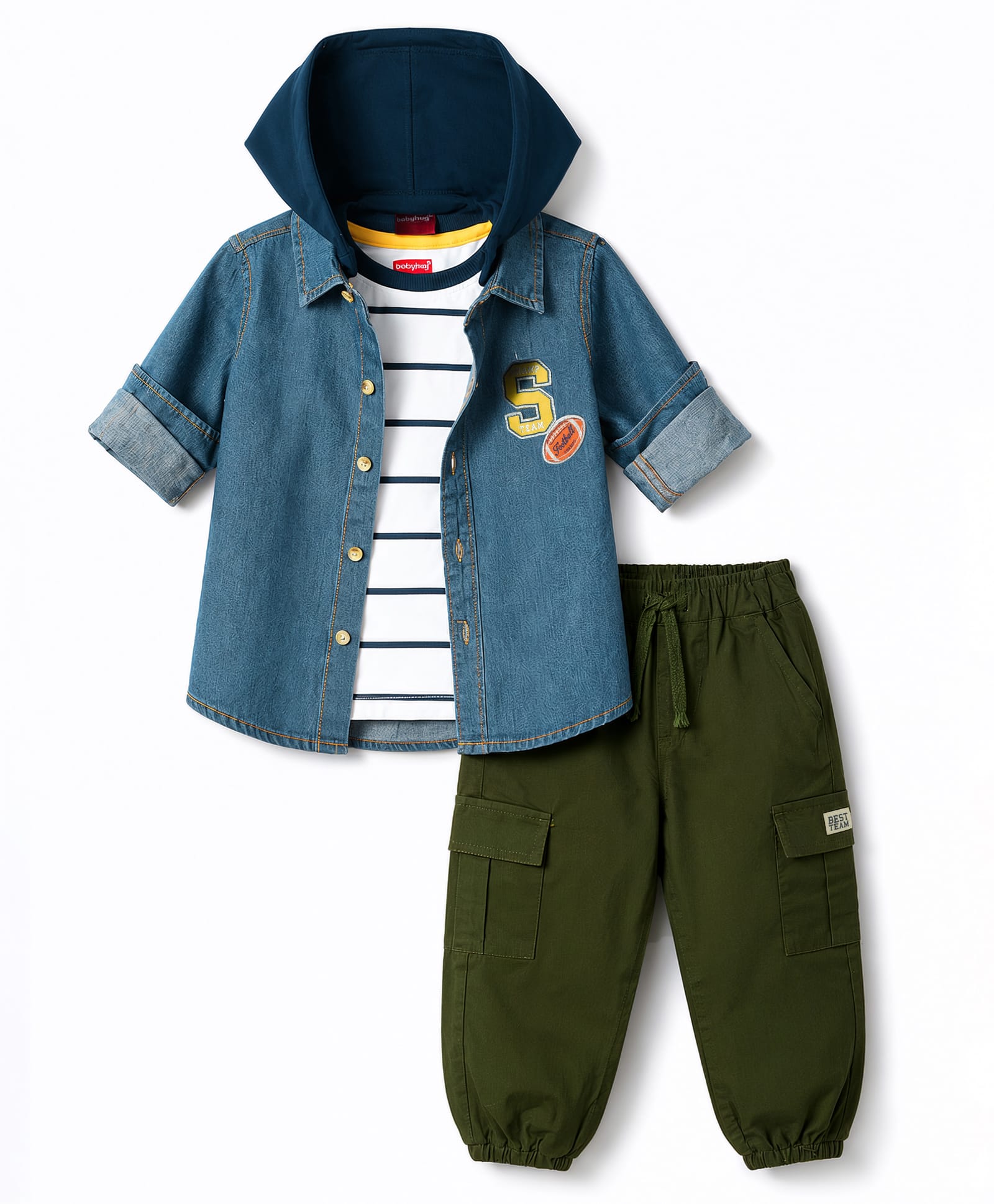 Babyhug Single Jersey Woven Half Sleeves Striped T-Shirt & Joggers Set With Hooded Denim Jacket - Blue Grey & Green-image-14
