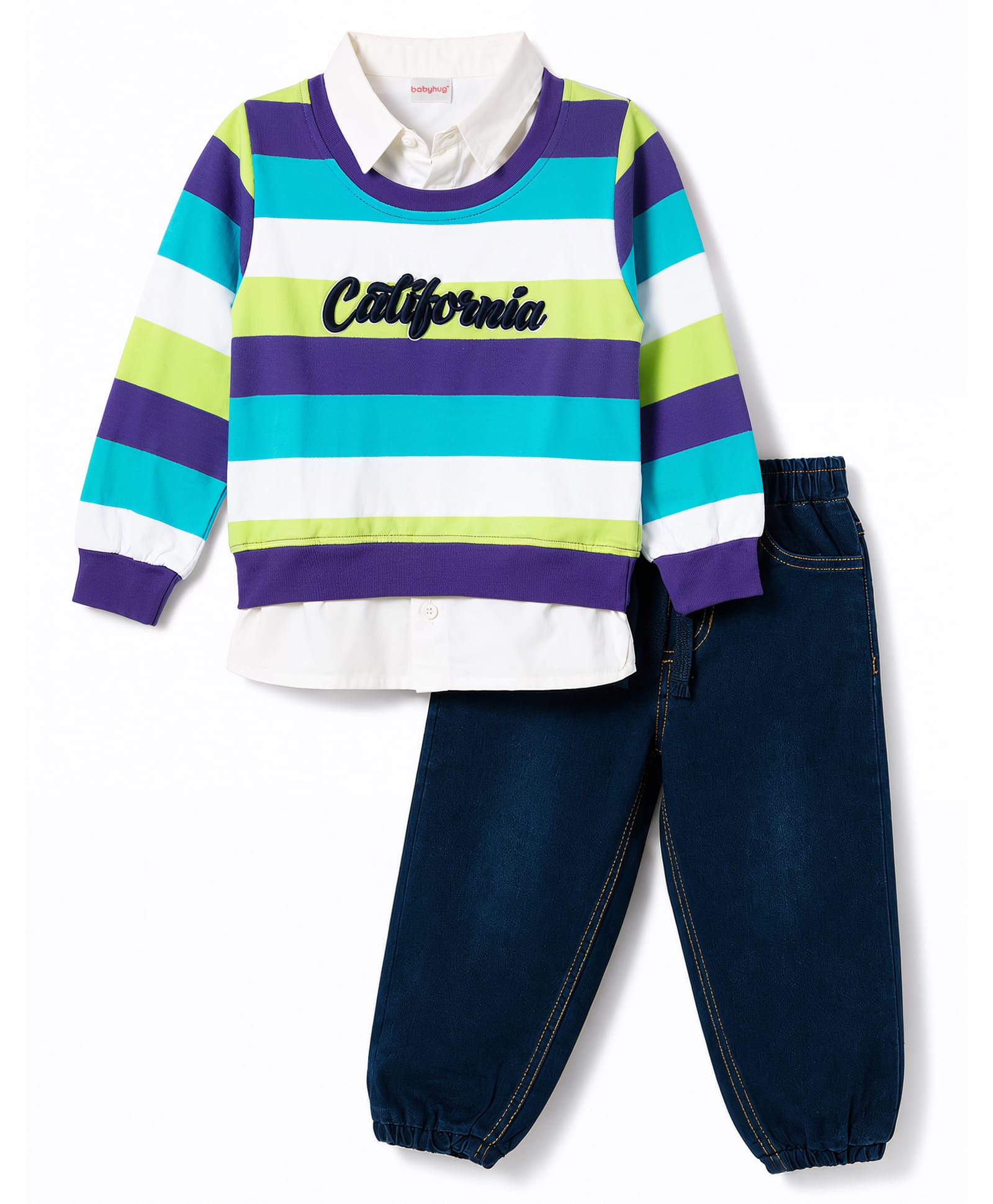 Babyhug Terry Knit Full Sleeves Striped T-Shirt & Denim Jeans Set With Text Print - Multicolor-picture-28