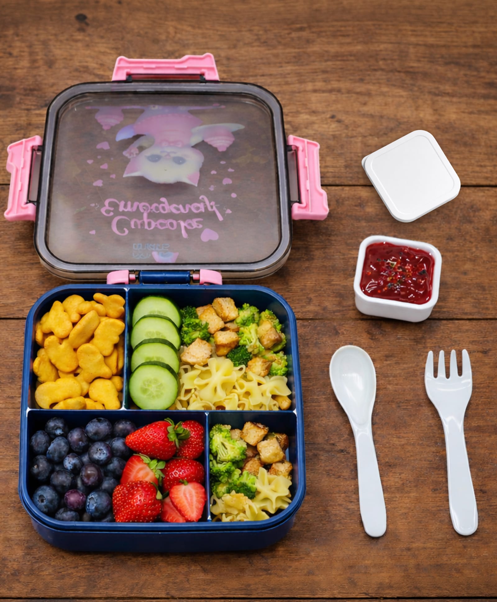 Mi Arcus Cat Print Kids Leakproof Bento Box with 4 Compartments Lunch Box with Spoon & Fork - Blue& Pink-image-41