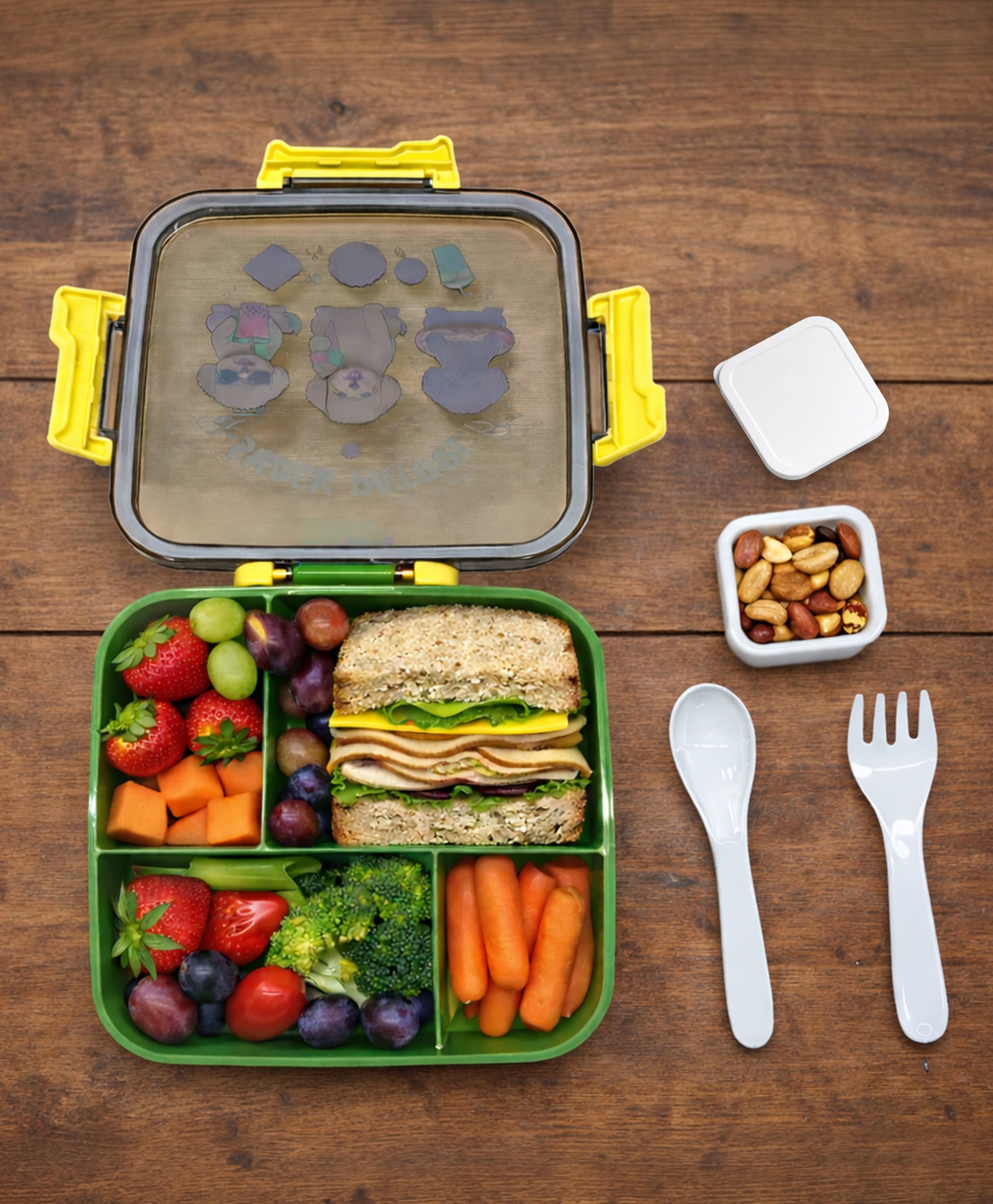 Mi Arcus Cat Print Kids Leakproof Bento Box with 4 Compartments Lunch Box with Spoon & Fork -Green & Yellow-picture-19