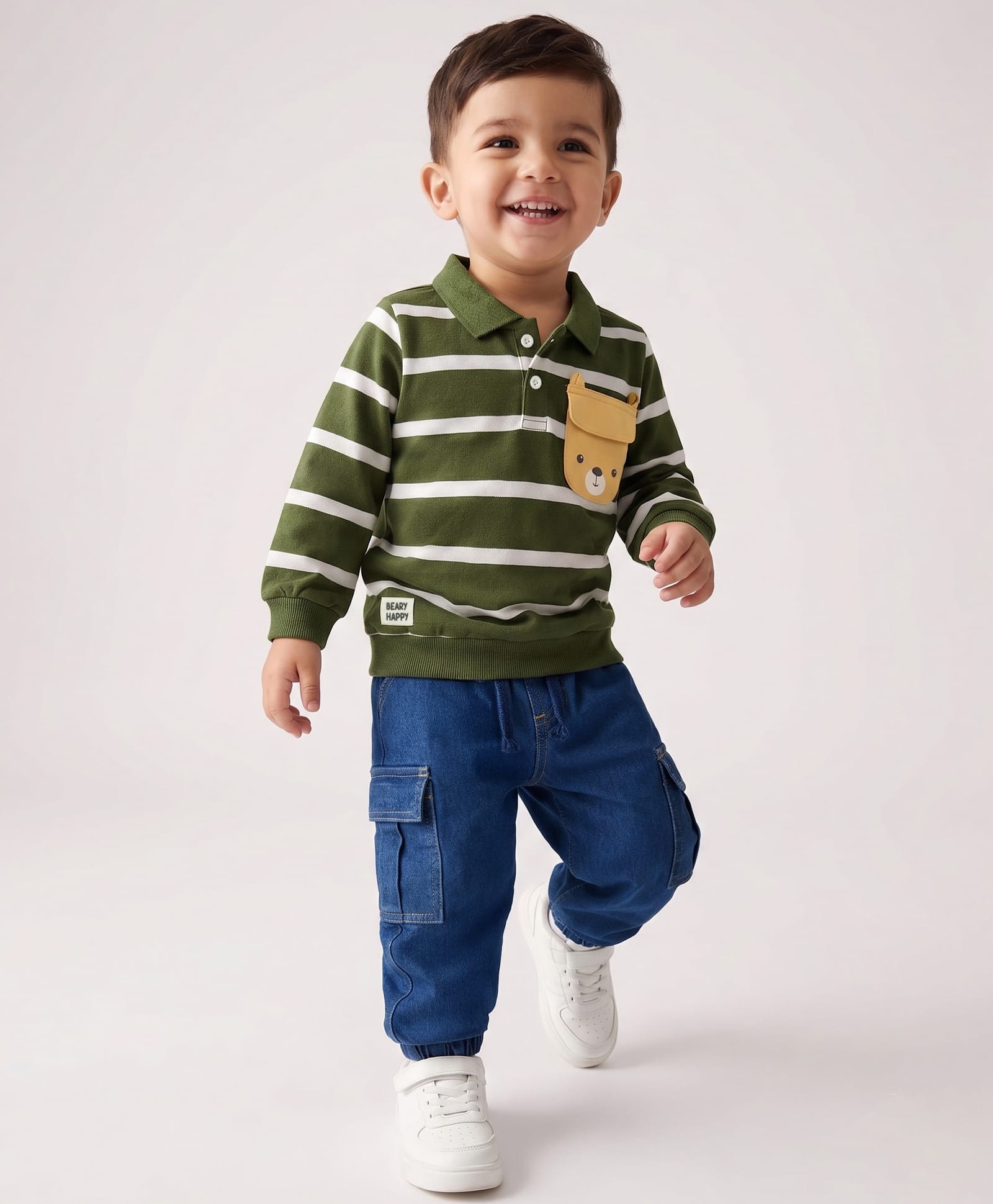 Babyhug Single Jersey Knit Full Sleeves Striped T-Shirt & Denim Joggers Set with Bear Face Patch - Green-picture-37