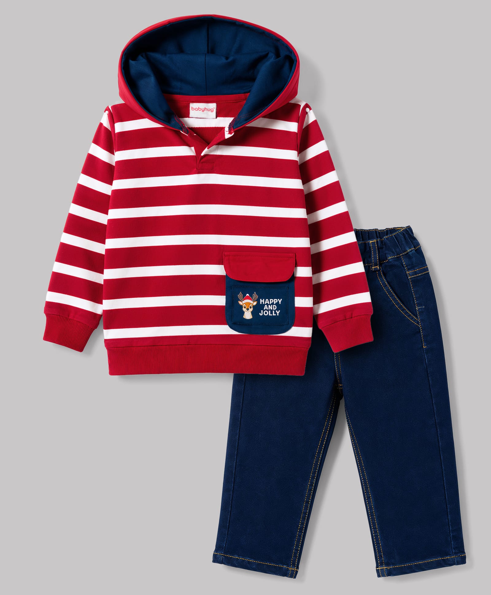 Babyhug Terry Knit Full Sleeves Hooded Striped T-Shirt & Denim Jeans - Red & Blue-image-44