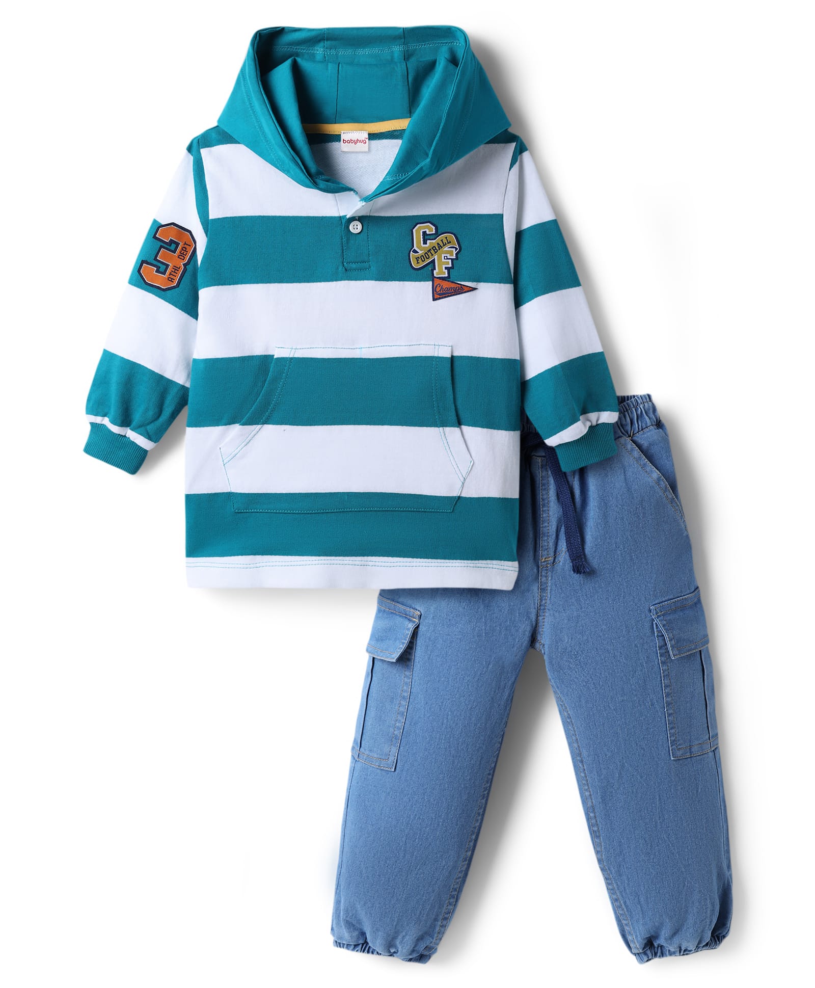 Babyhug Terry Knit Full Sleeves Hooded Striped T-Shirt & Denim Jeans Set - Teal Blue-image-12