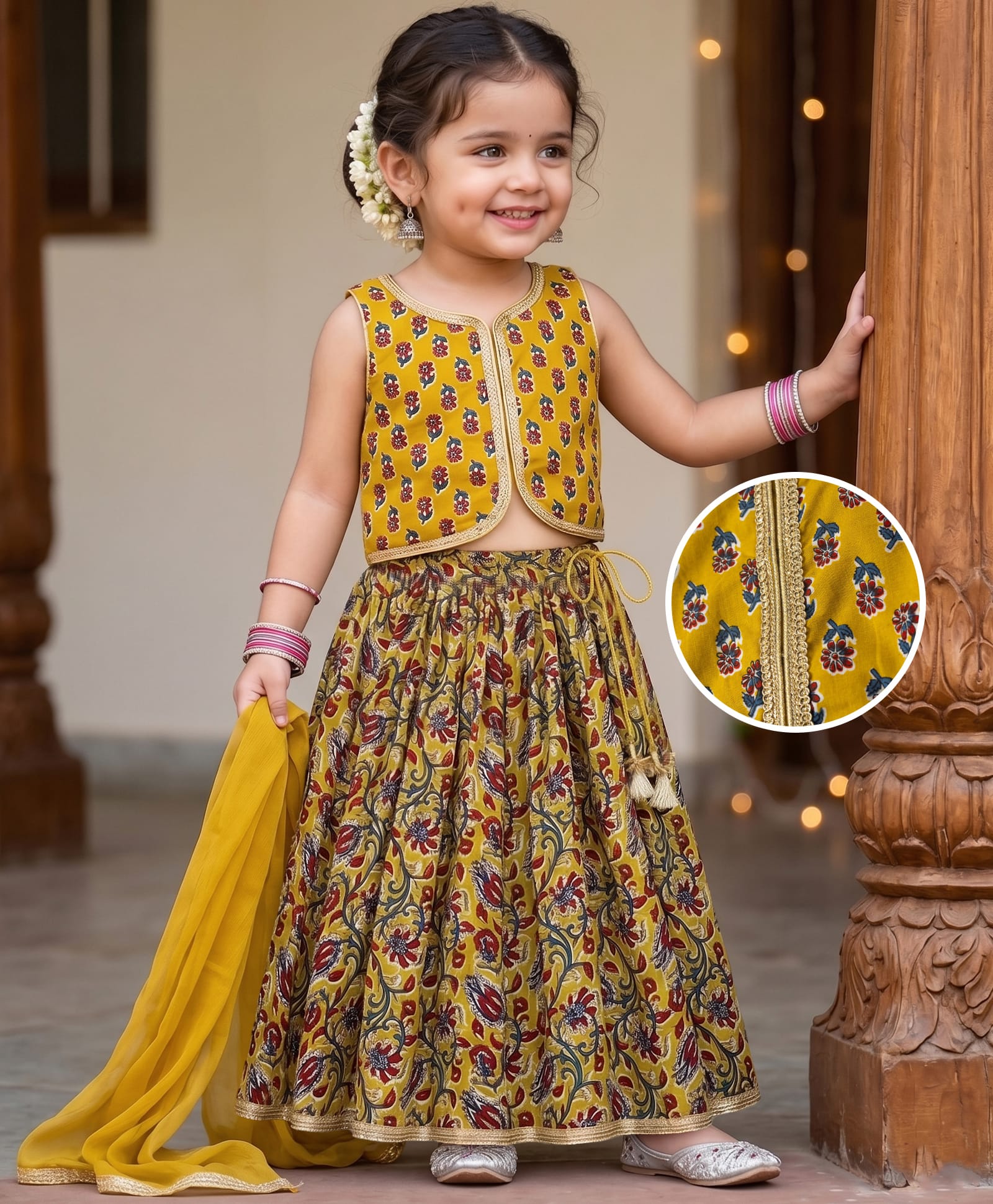 Babyhug Cambric Woven Sleeveless Floral Printed Lehenga Choli Set With Dupatta - Mustard-image-27