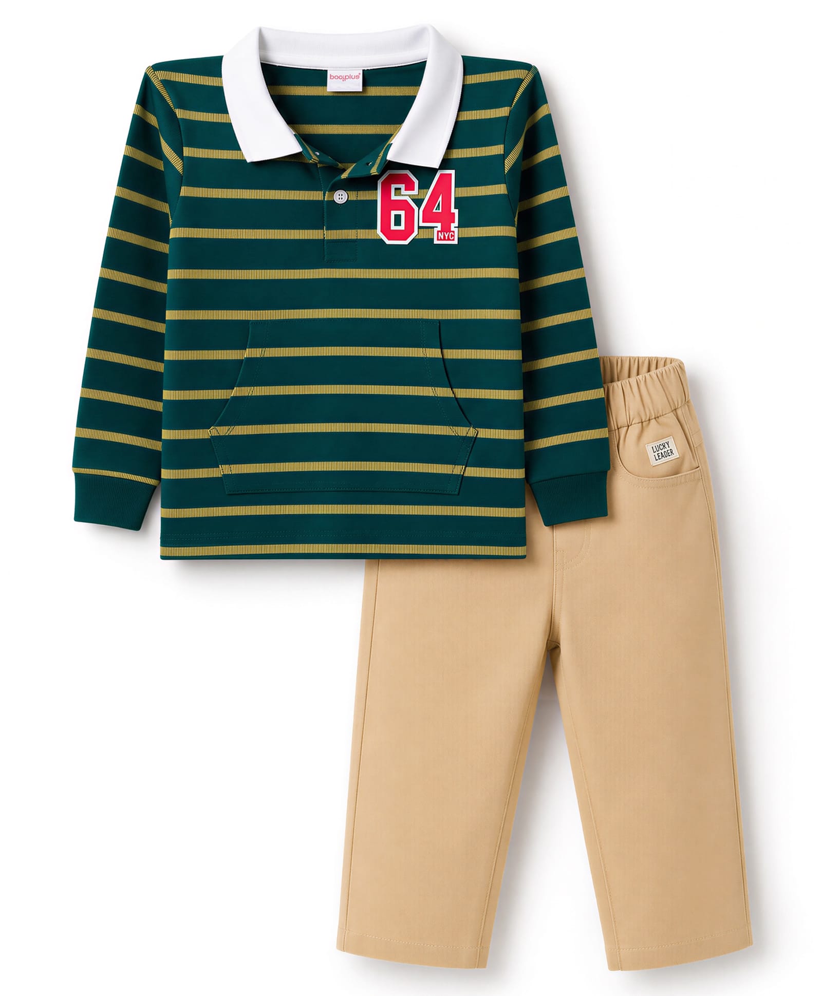 Babyhug Terry Knit Full Sleeves Polo Striped T-Shirt & Trouser Set with Kangaroo Pocket - Dark Green-image-14