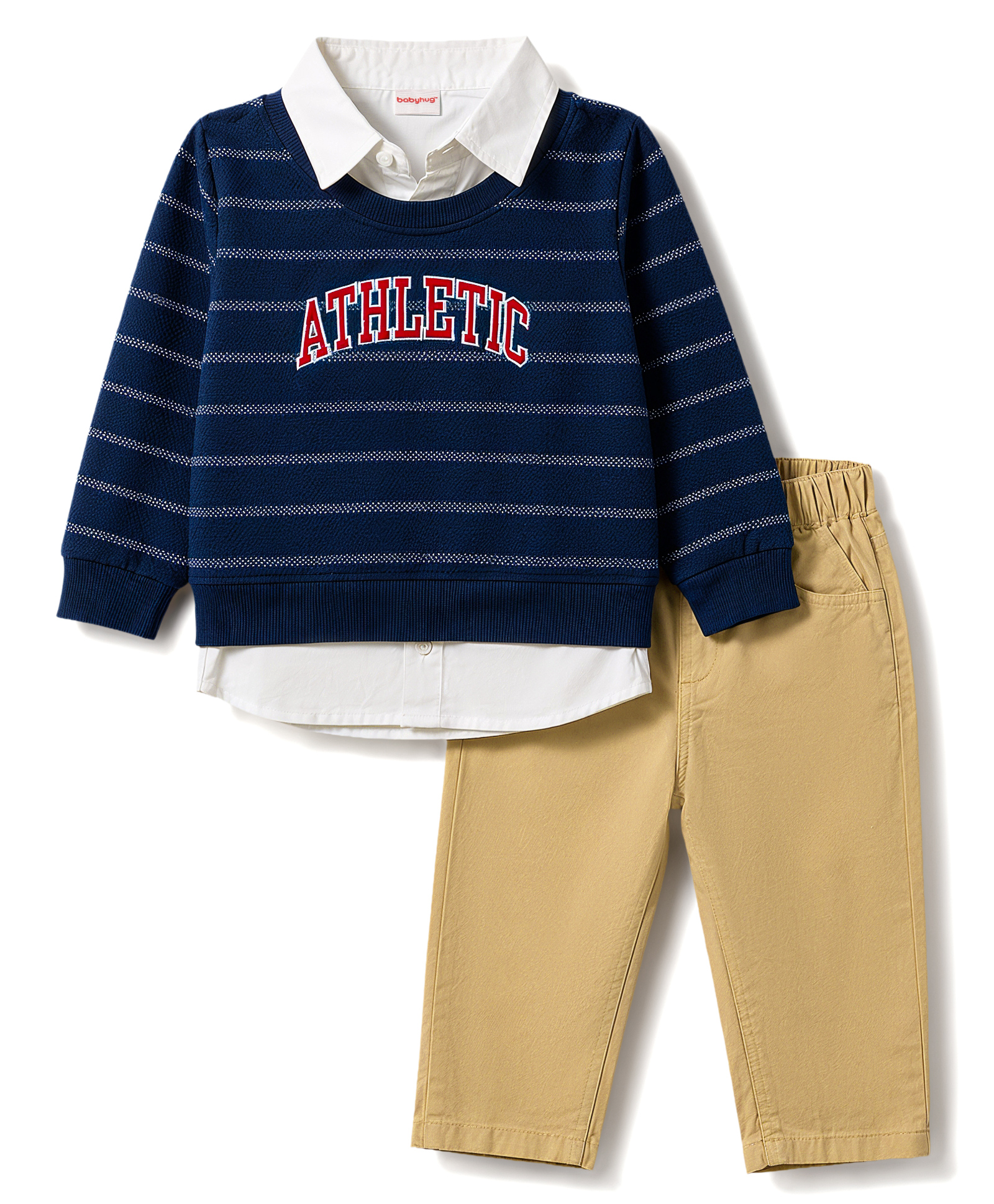Babyhug Single Jersey Knit Full Sleeves Striped T-Shirt & Pant Set With Text Print - Blue & Beige-picture-25