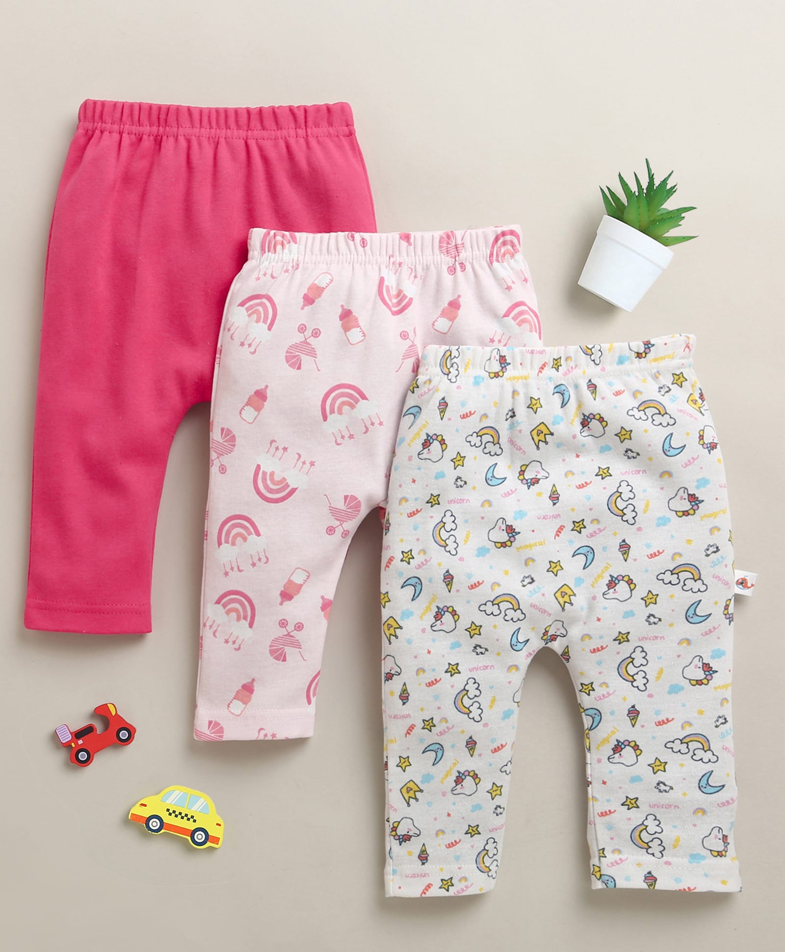 BUMZEE Cotton Knit Pack Of 3 Solid Rainbow & Unicorn Printed Diaper Leggings - Pink & White-image-47