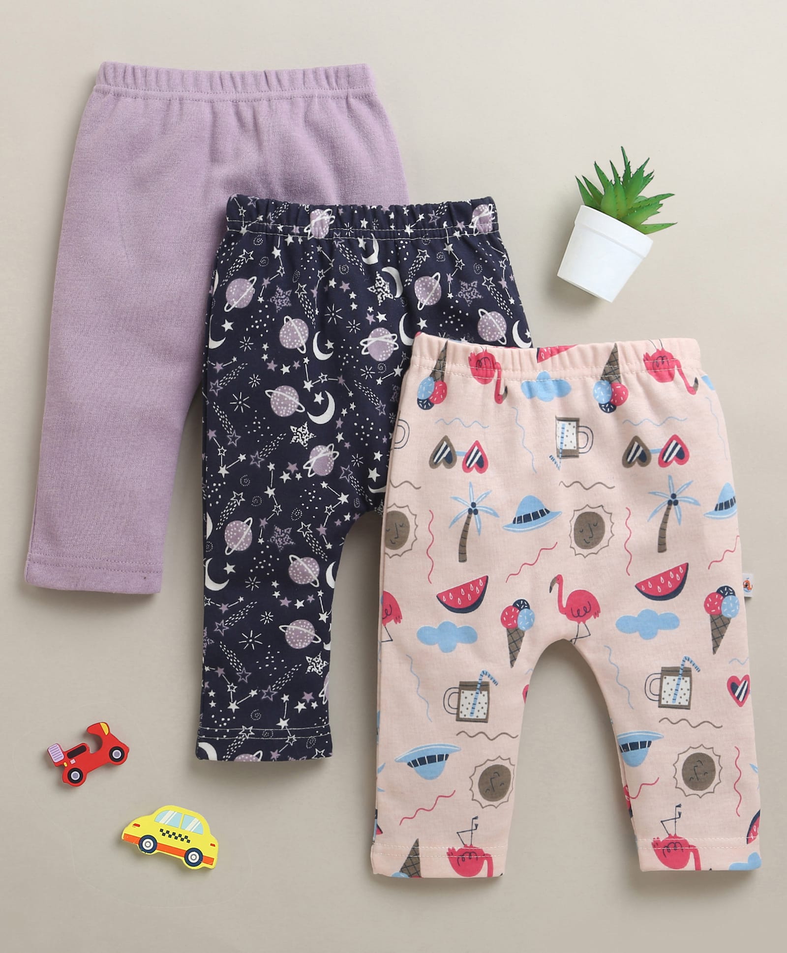 BUMZEE Cotton Knit Pack Of 3 Solid Space & Beach Theme Printed Diaper Leggings - Lavender & Peach-image-28