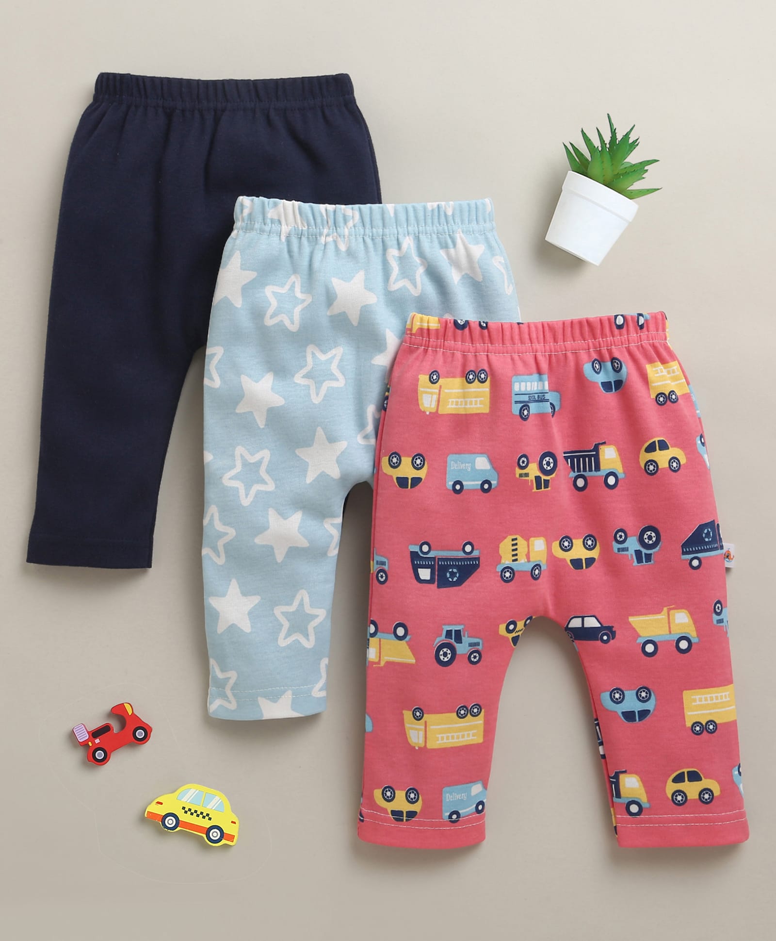BUMZEE Cotton Knit Pack Of 3 Solid Stars & Vehicles Printed Diaper Leggings - Navy Blue & Coral-image-36