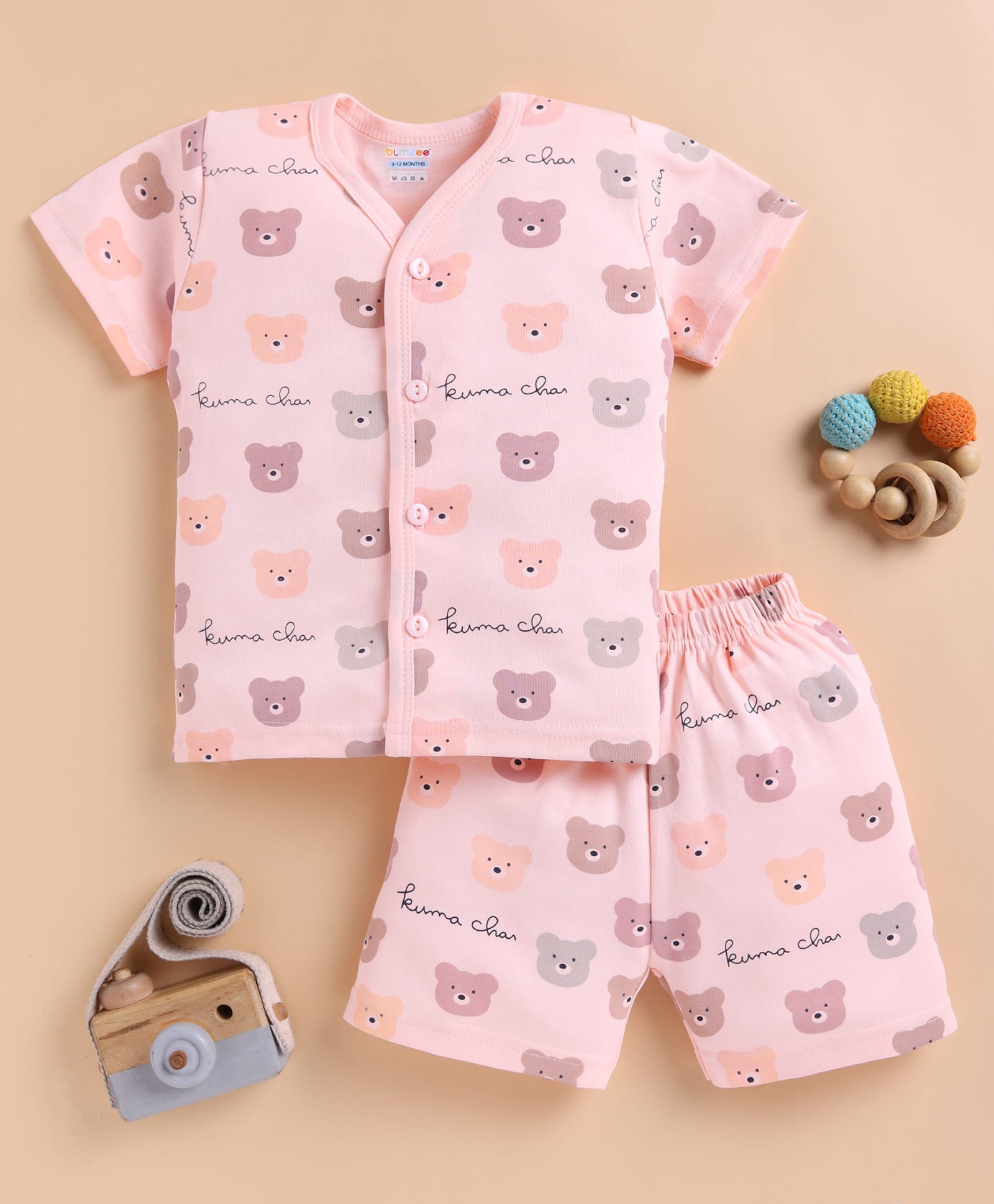 BUMZEE Cotton Knit Half Sleeves Bear Printed Coordinating Jhabla & Short Set - Peach-picture-48