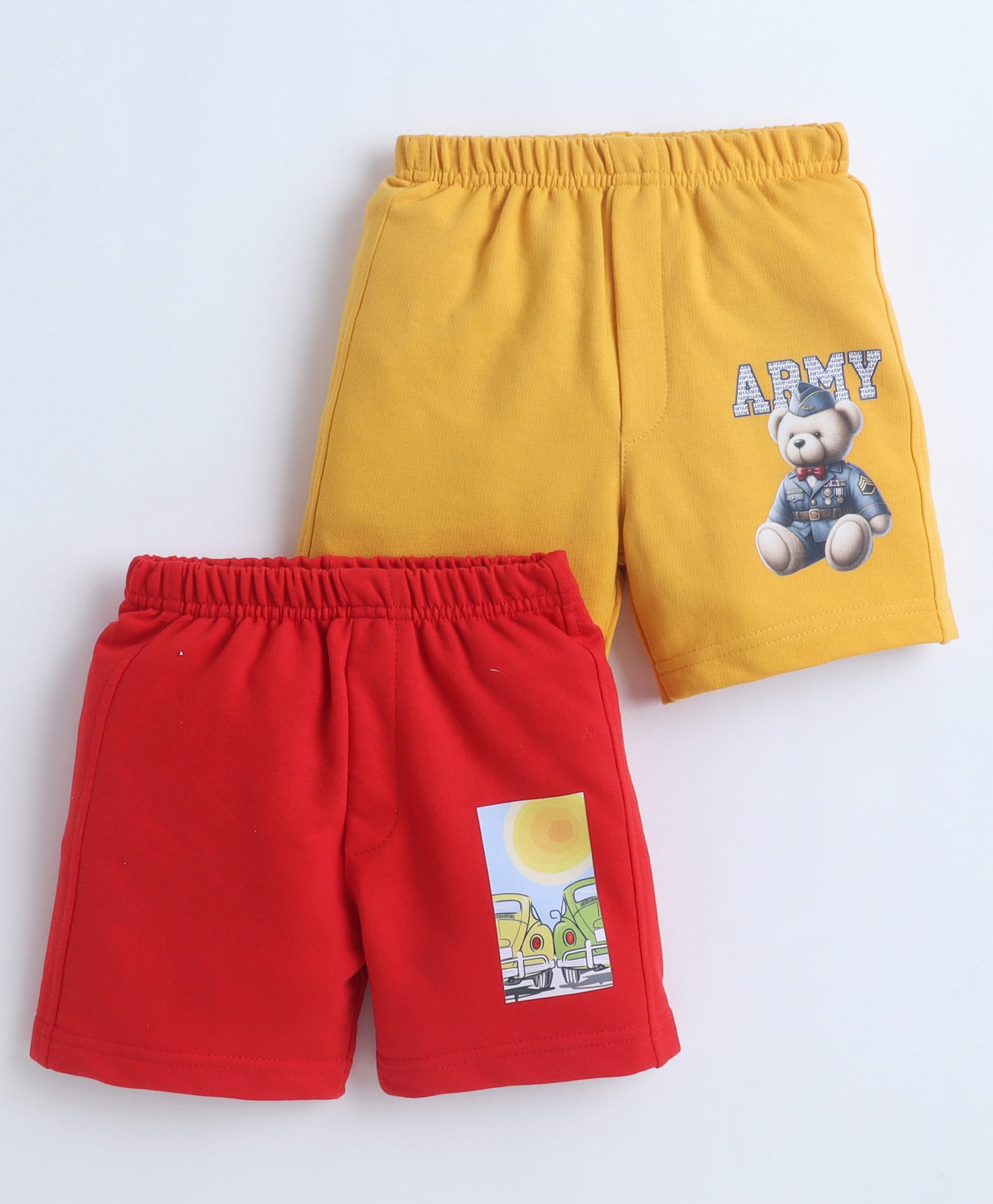 BUMZEE Cotton Knit Pack Of 2 Bear & Vehicle Printed Shorts - Red & Mustard-image-44