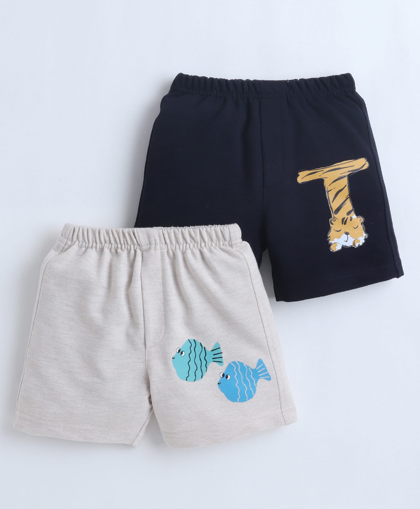 BUMZEE Cotton Knit Pack Of 2 Fish & Tiger Printed Shorts - Black & Beige-image-5
